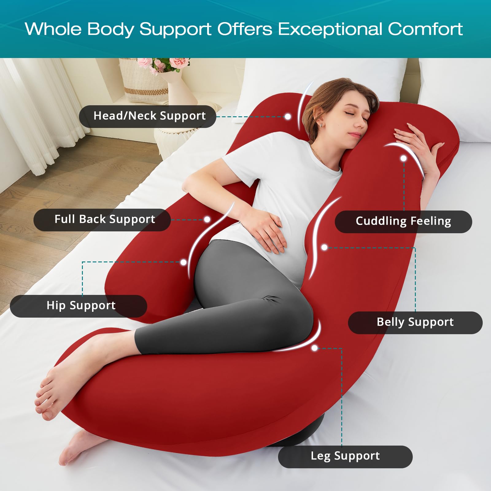 Sasttie pregnancy pillow U‑shape side view demonstrates ergonomic wrap for belly and back comfort.