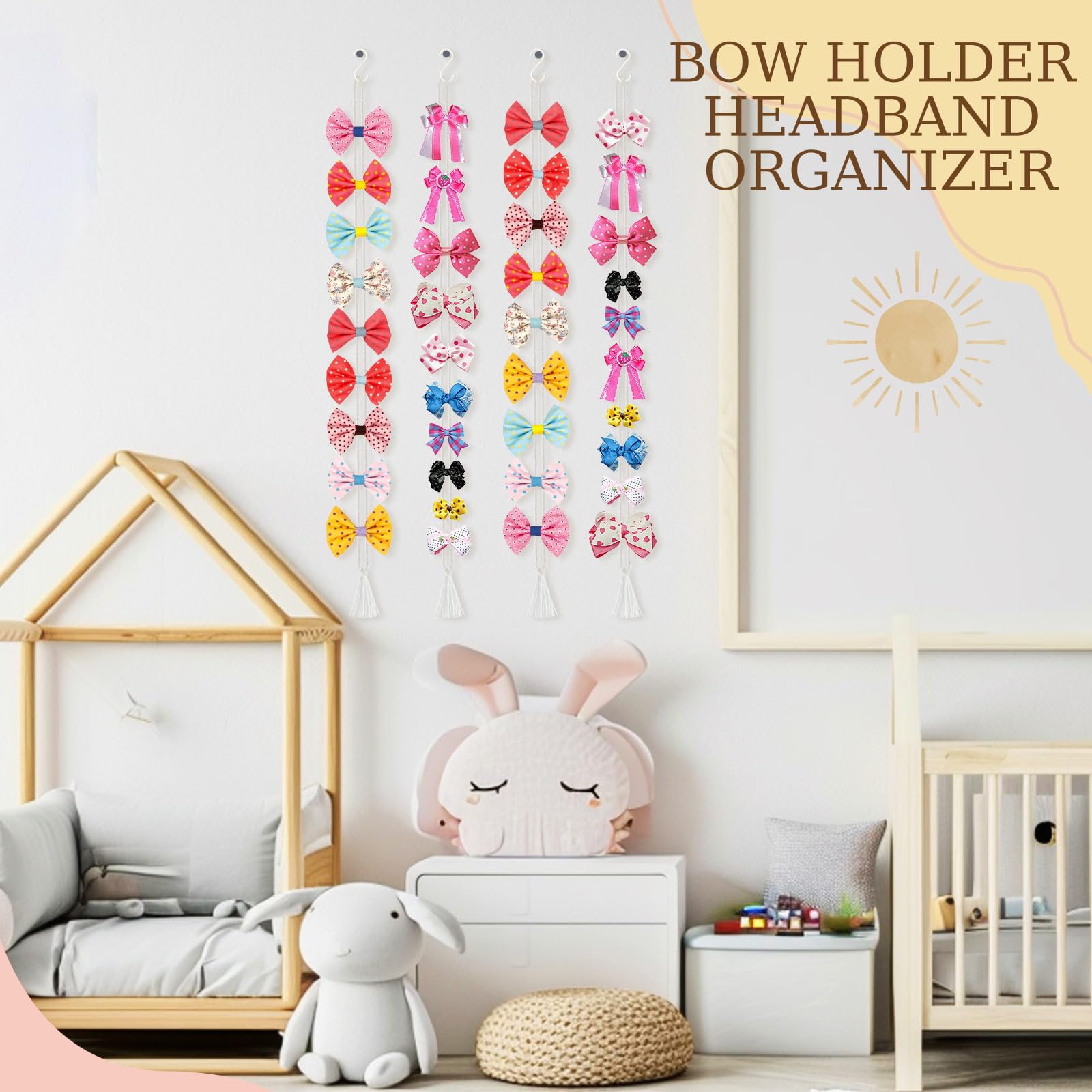 Neutral beige cotton rope bow holder complements nursery decor
