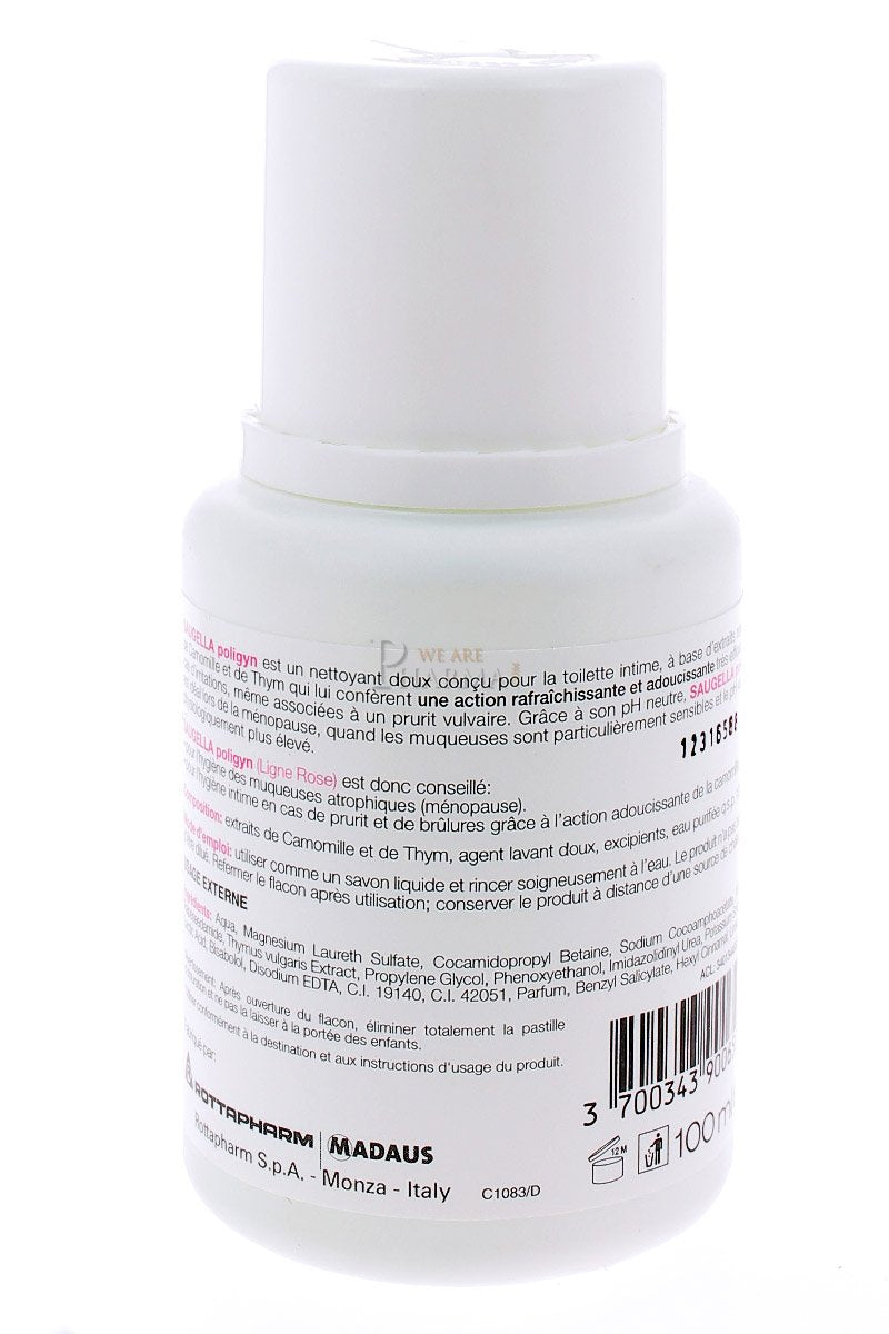Saugella Poligyn packaging box showcasing soap-free formula and neutral pH