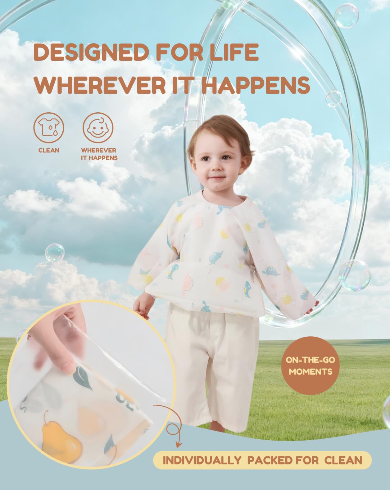 SauGonb bib demonstrating quick fit with peel-and-stick closure.