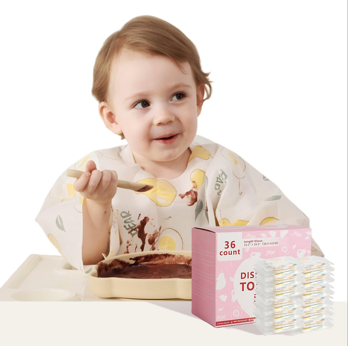 SauGonb disposable bib with long sleeves, detachable, protecting outfits during meals and play.