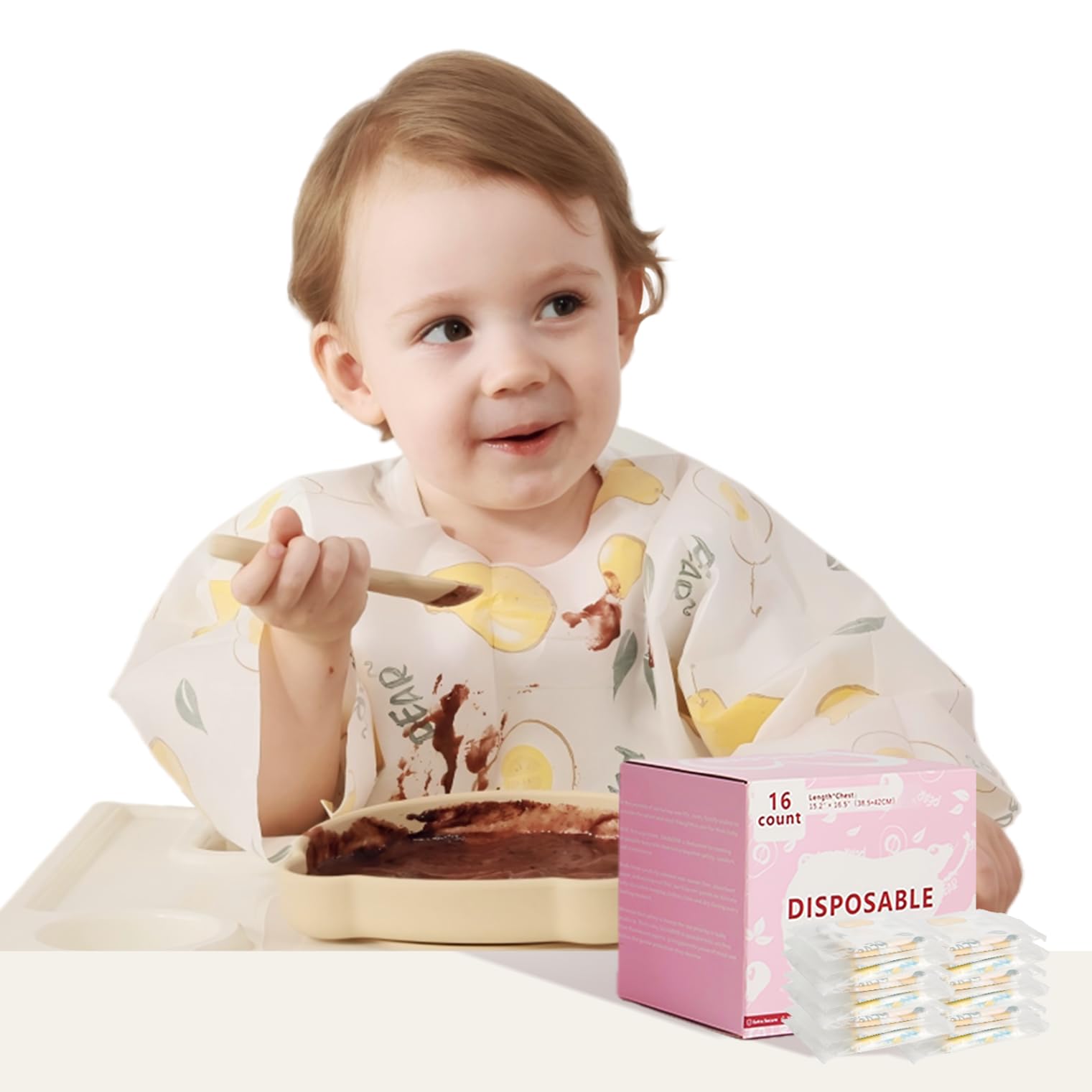 SauGonb disposable bib pear packaging keeps messes neat during on-the-go meals