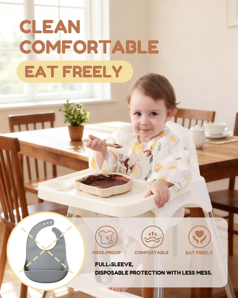 SauGonb bib with built-in pocket catching spills to reduce mess.