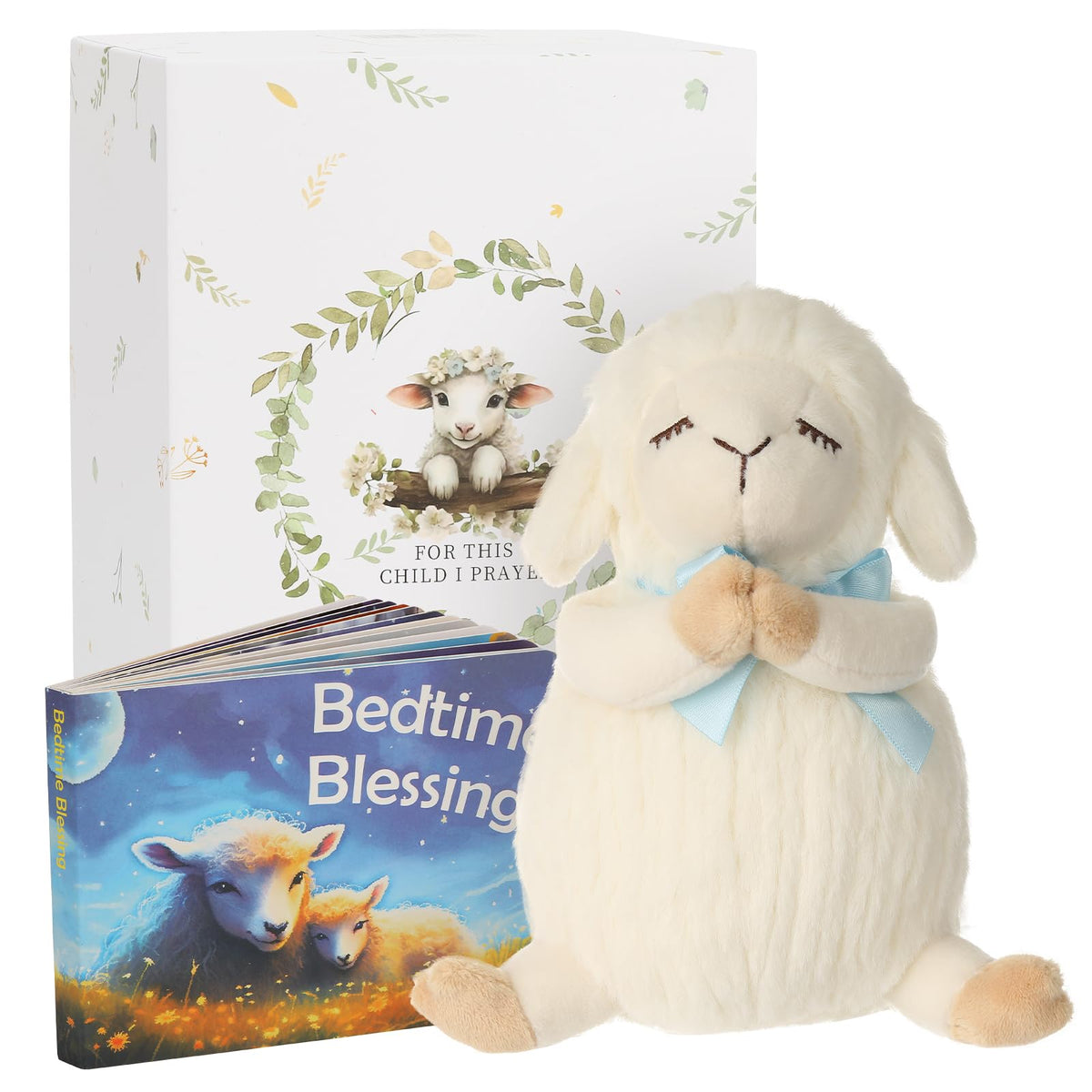 Sawnfay baptism gift set with praying lamb plush 7in for newborns