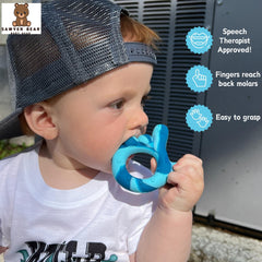 Sawyer Bear BPA-free silicone teether for safe chewing.