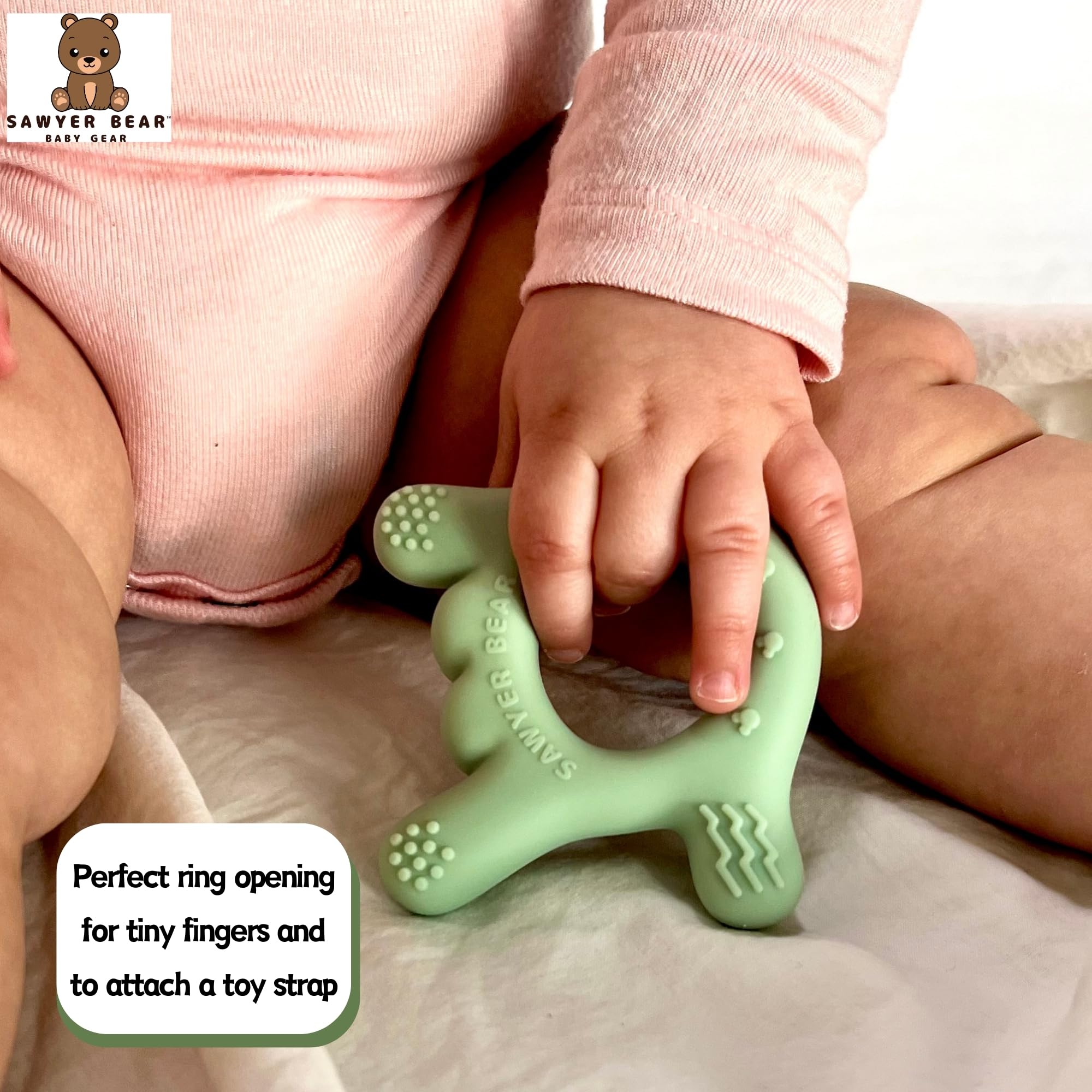 Sawyer Bear BPA-free silicone teether safe for chewing during development.