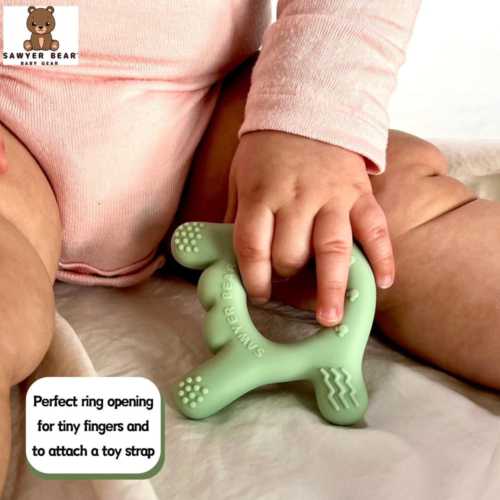 Sawyer Bear BPA-free silicone teether safe for chewing during development.