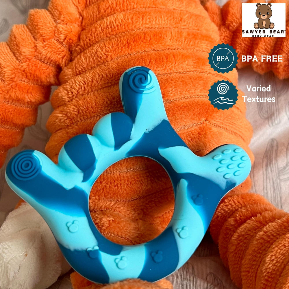 Sawyer Bear freezer-friendly teether cooling sore gums.