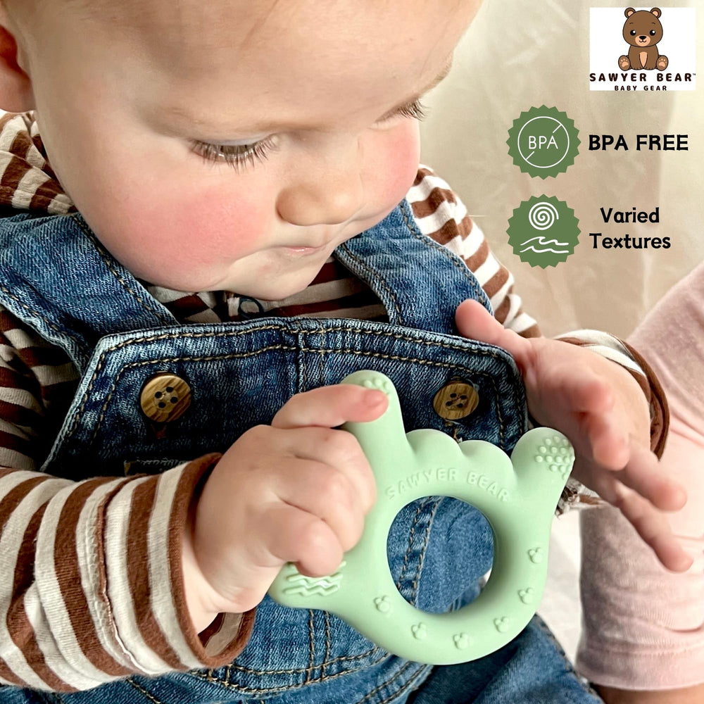 Sawyer Bear freezer-friendly teether for a refreshing chill during teething moments.