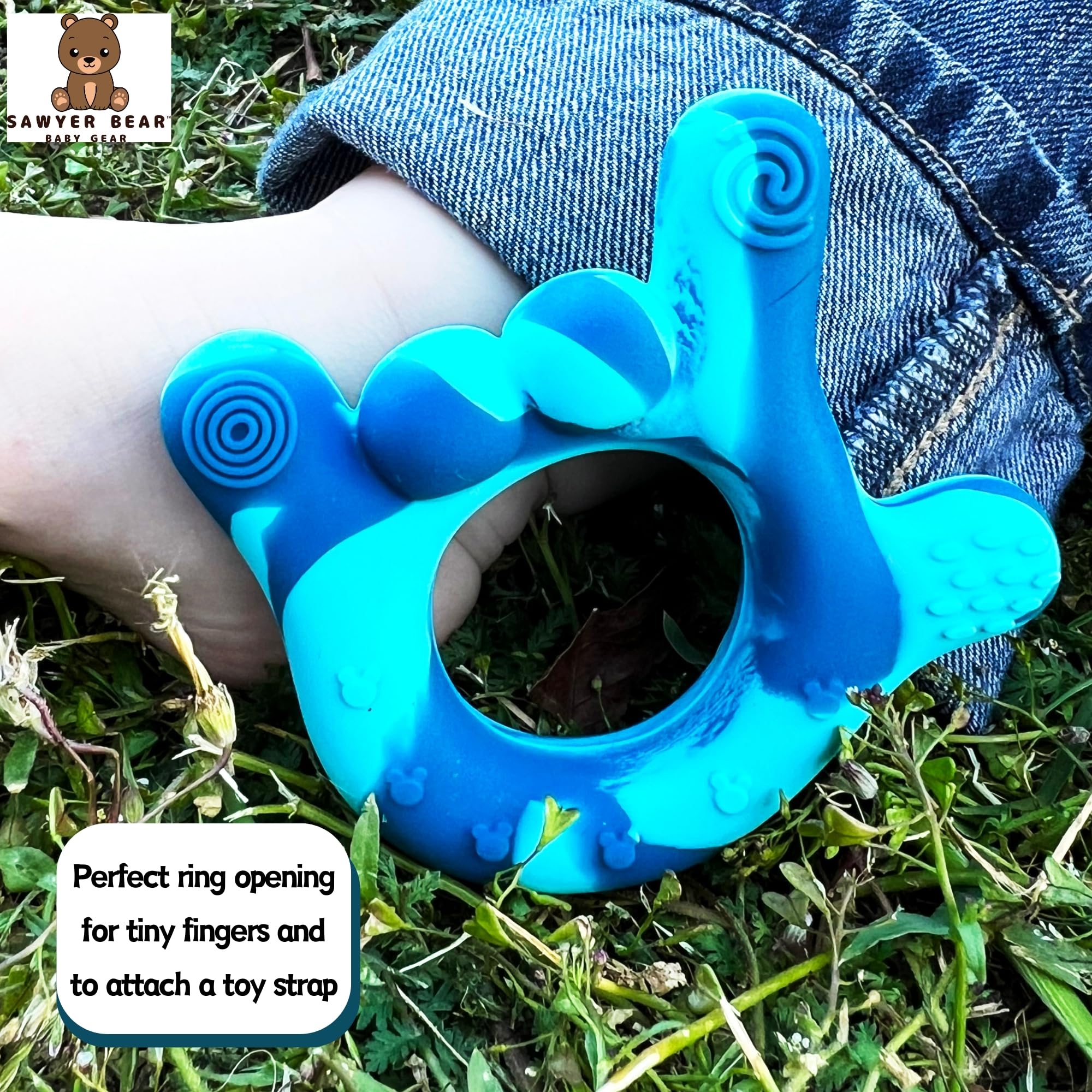 Sawyer Bear molar-focused teething design encourages oral exploration.
