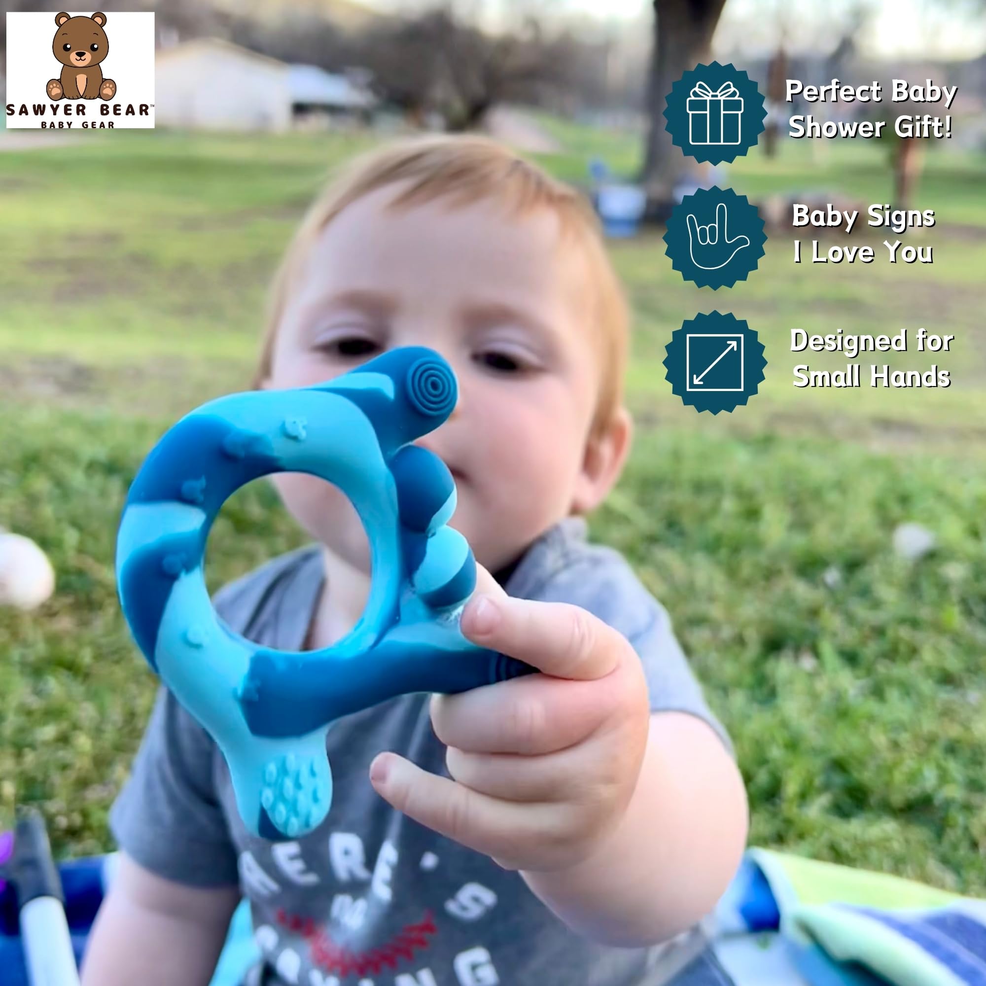 Sawyer Bear portable teether for on-the-go soothing.