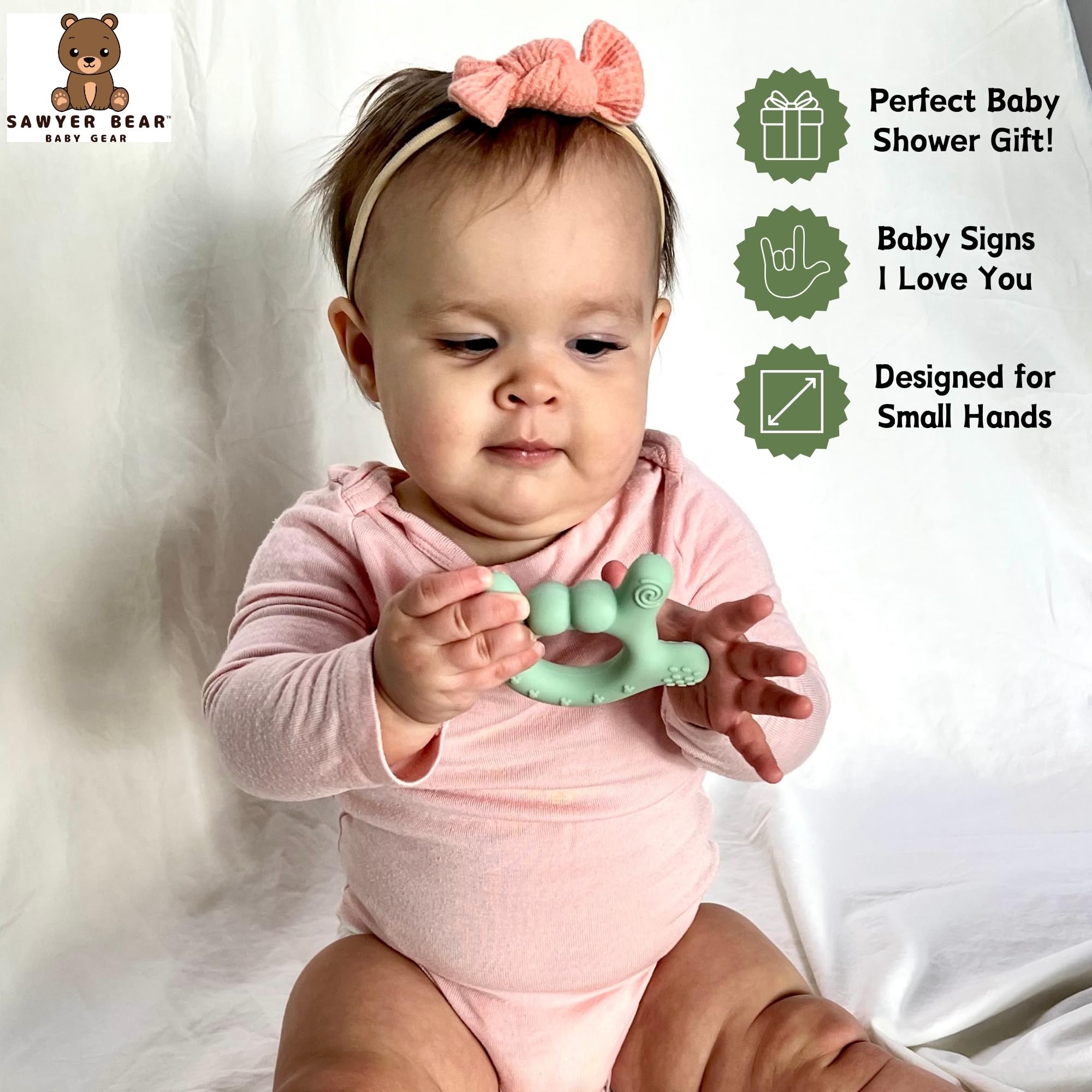 Sawyer Bear portable silicone teether easy to carry for on-the-go soothing.