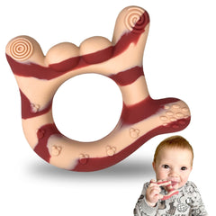 SAWYER BEAR silicone hand teether with I Love You sign, soothing baby gums.