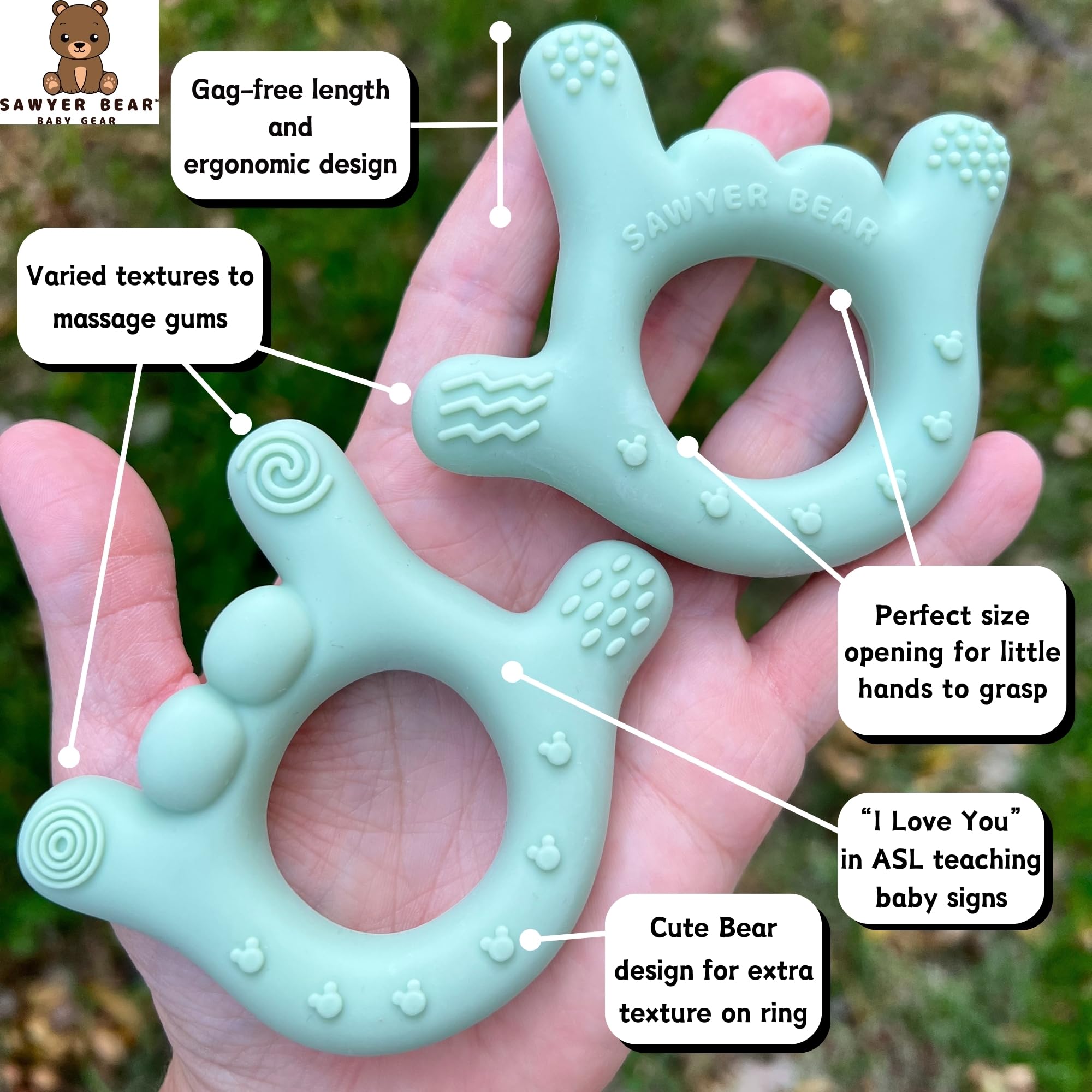 Sawyer Bear silicone teether with soft textures for gum massage and exploration.