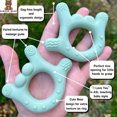 Sawyer Bear silicone teether with soft textures for gum massage and exploration.