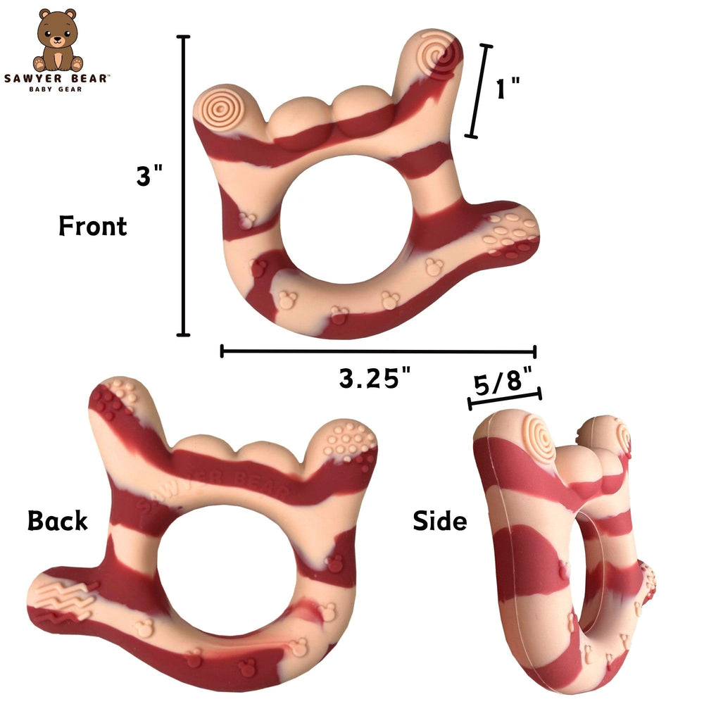SAWYER BEAR teether textures provide gum massage and tactile exploration.