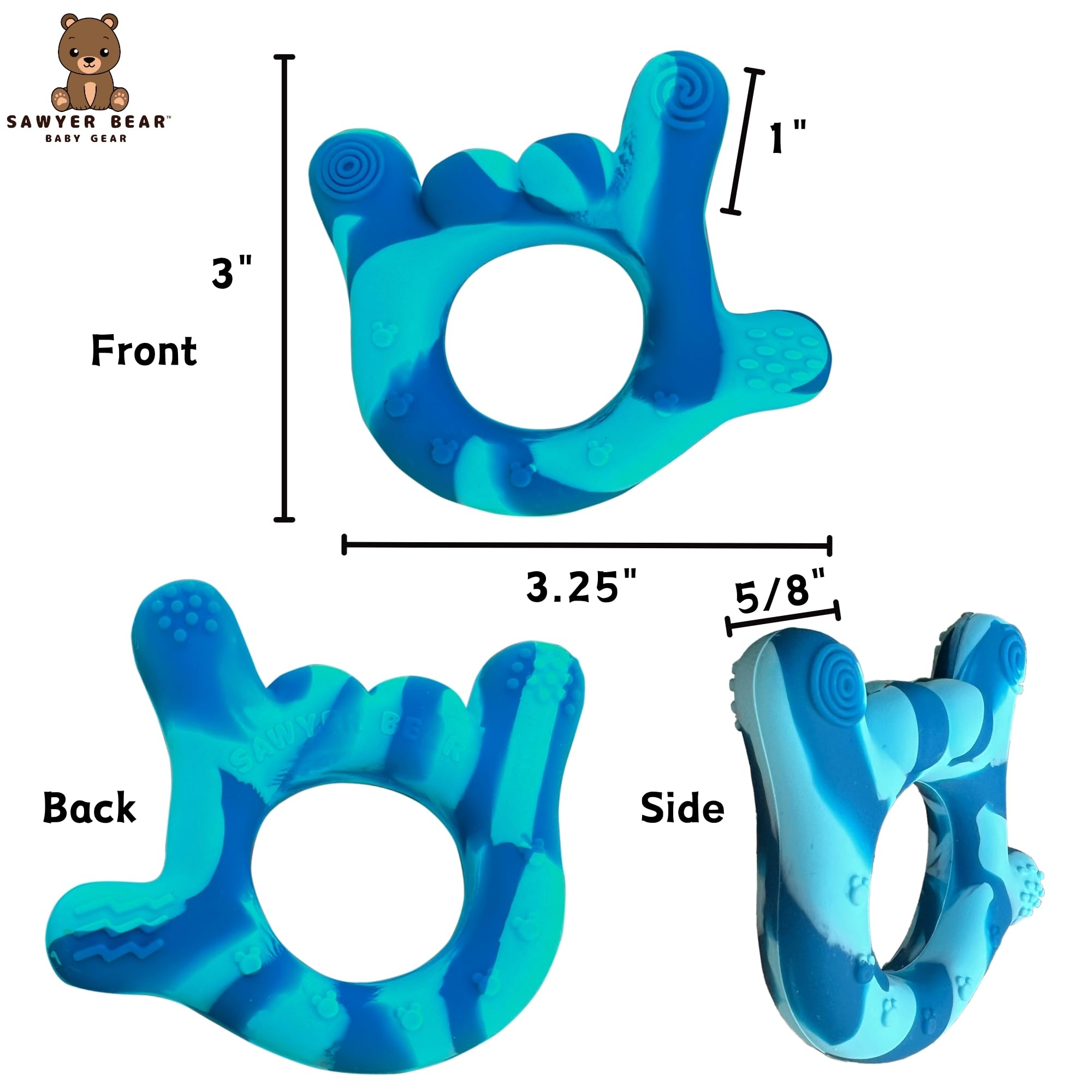 Sawyer Bear teether with soft textures for gum massage.