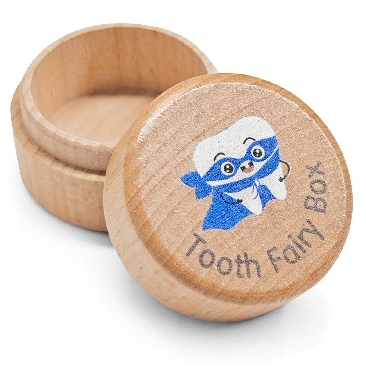 Sbarklo Tooth Fairy Box with blue lid close-up, showcasing the 3D tooth design for nighttime rituals.