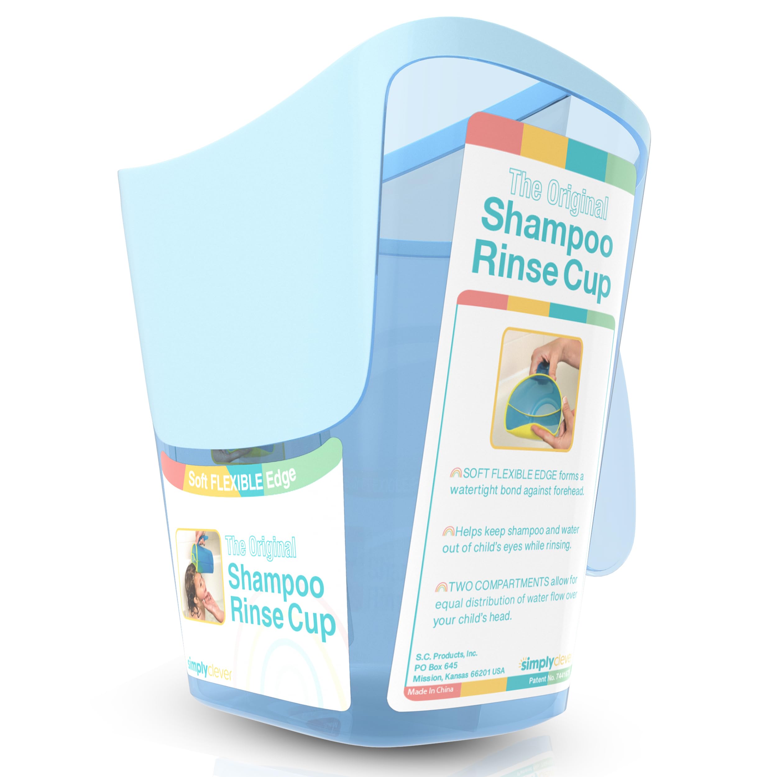 S.C. Products Shampoo Rinse Cup for kids blue front view with easy-grip handle