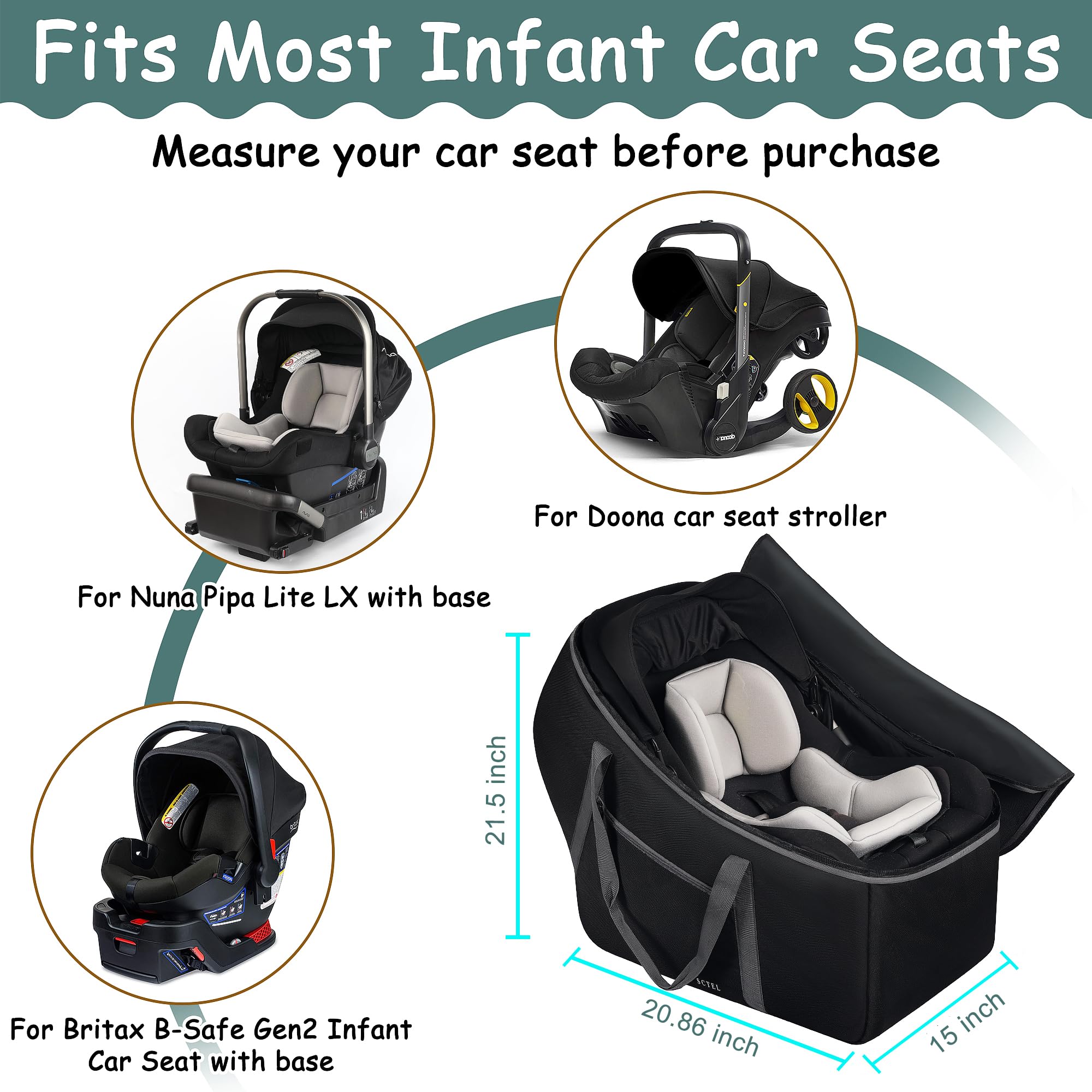 SCTEL padded protection keeps car seats safe on airplane, car, or train.