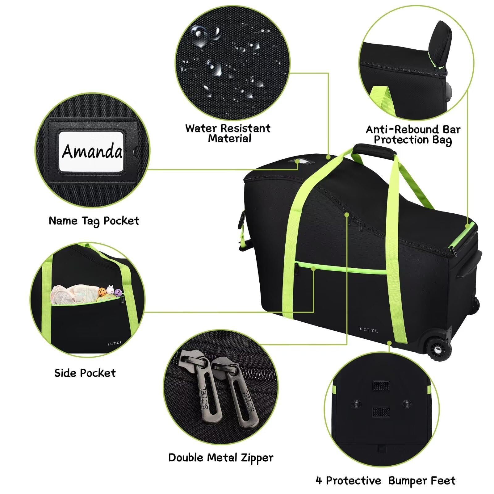 SCTEL bag with ID tag and side pockets for small-item organization