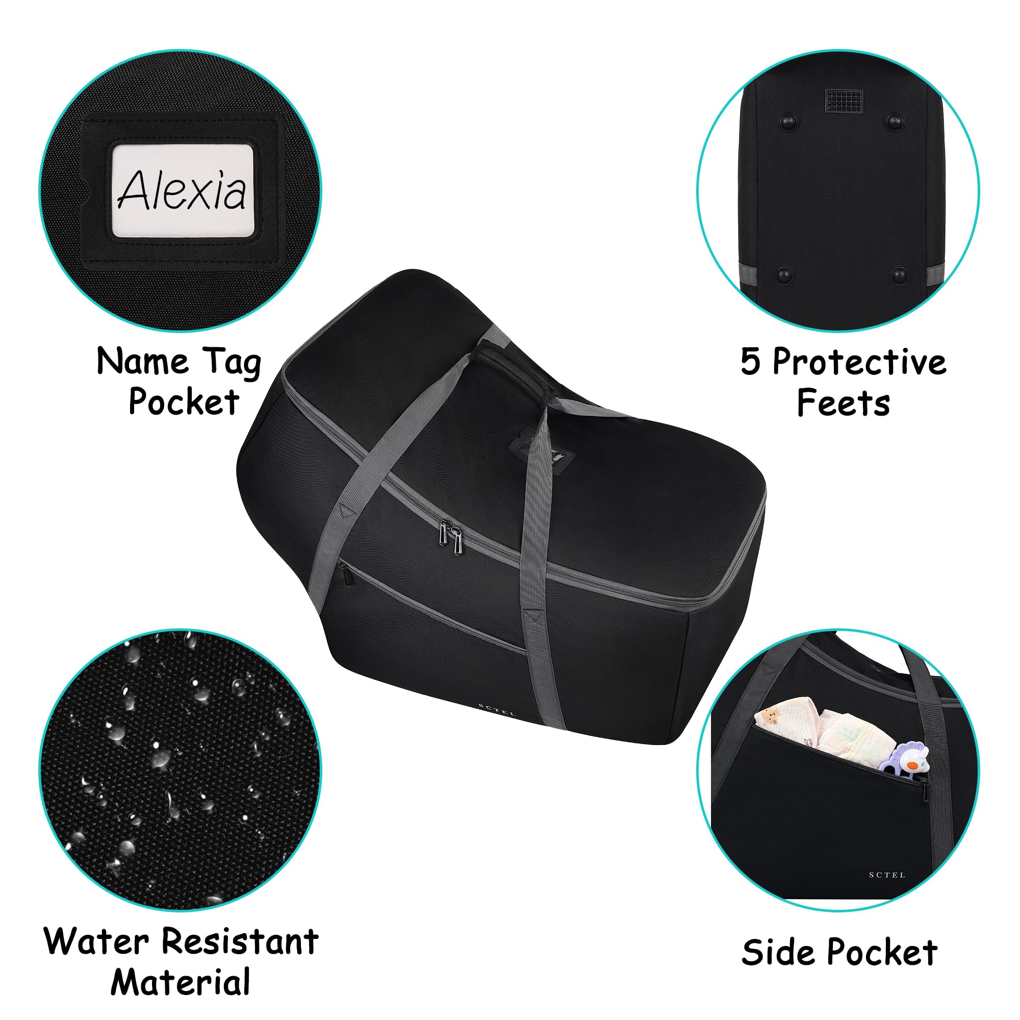 SCTEL padded handles provide comfortable carrying during busy travel days.
