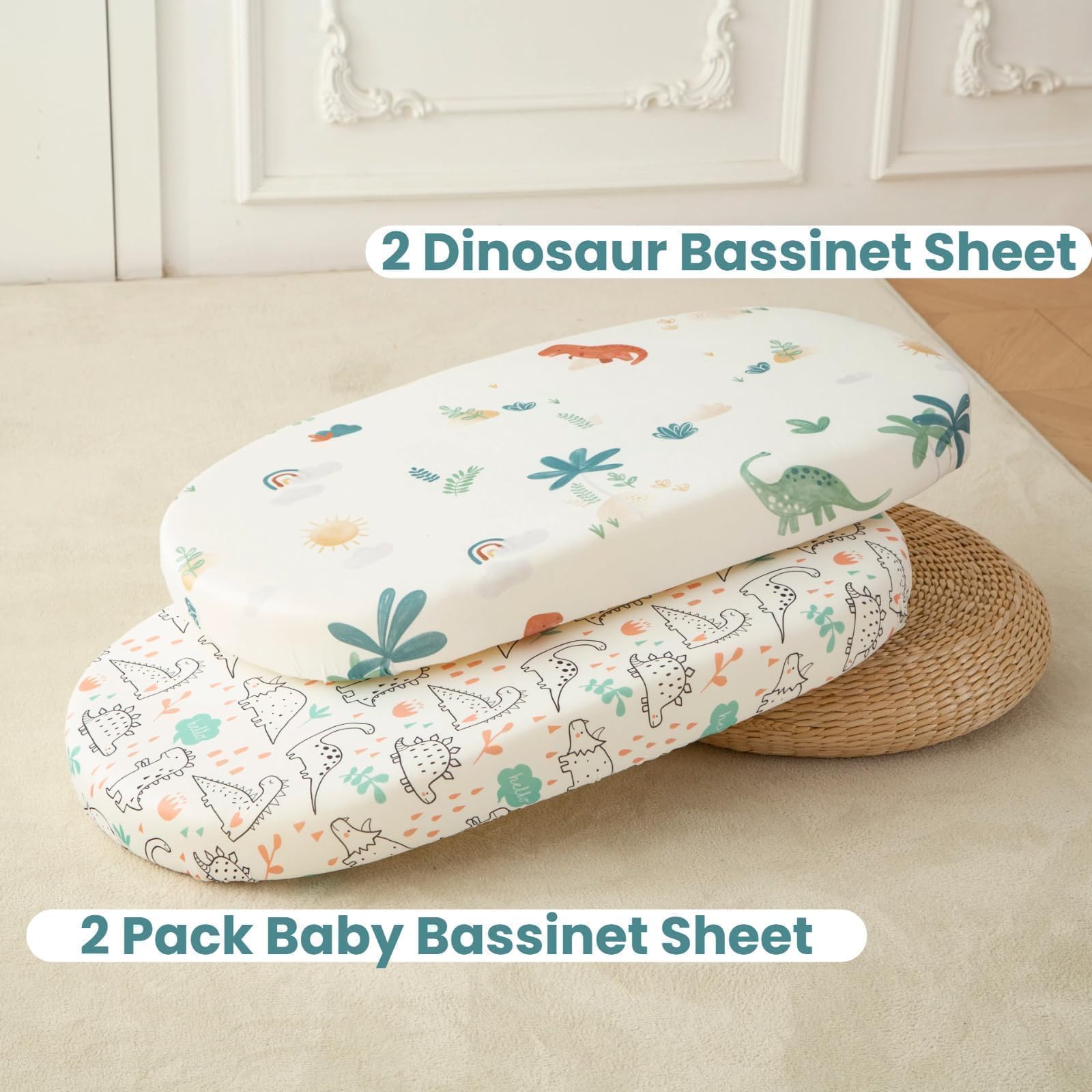 SDIII Dinosaur Bassinet Sheet elastic-edge demonstrates secure universal fit