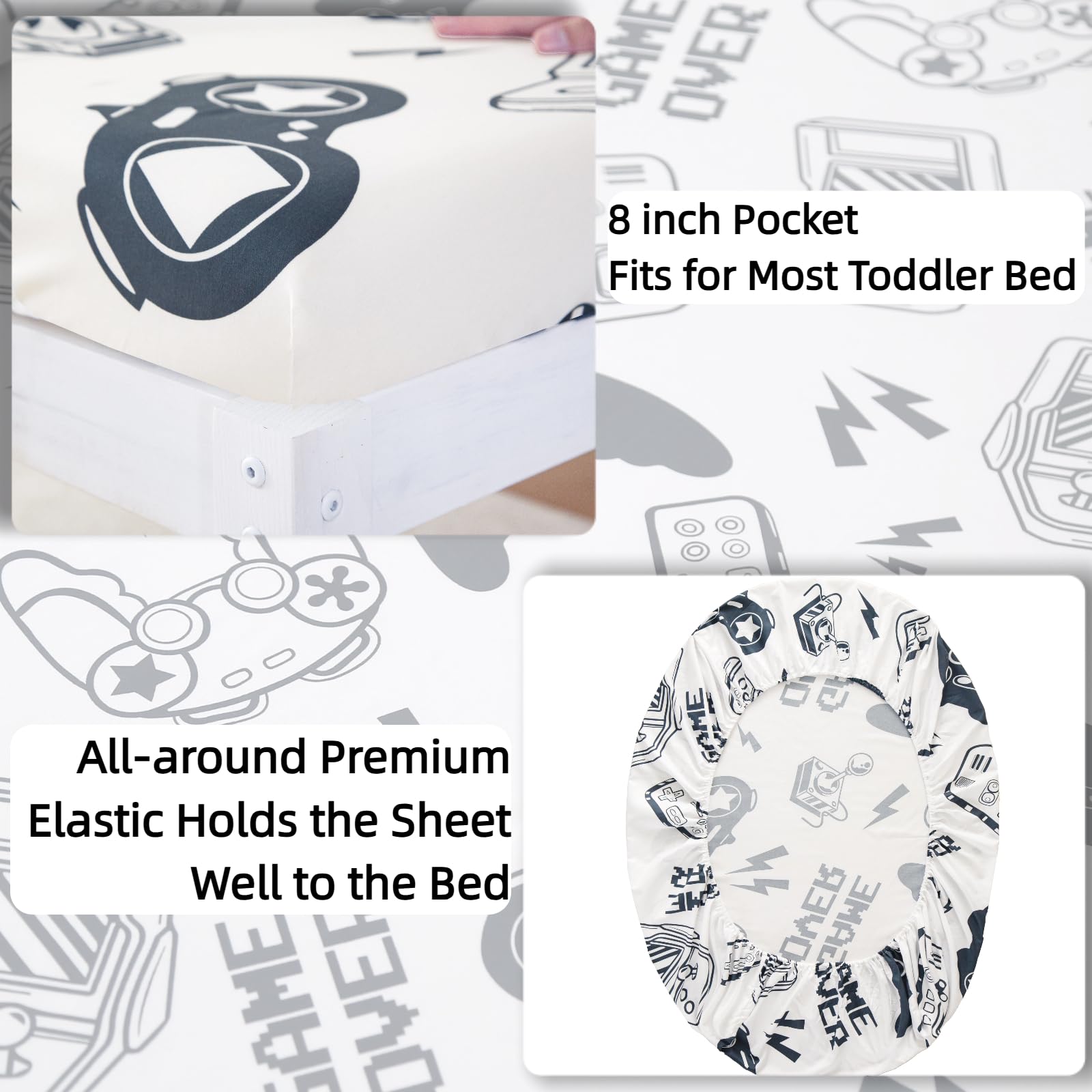 SDIII gamer toddler bedding set fitted sheet features deep pockets for secure fit.