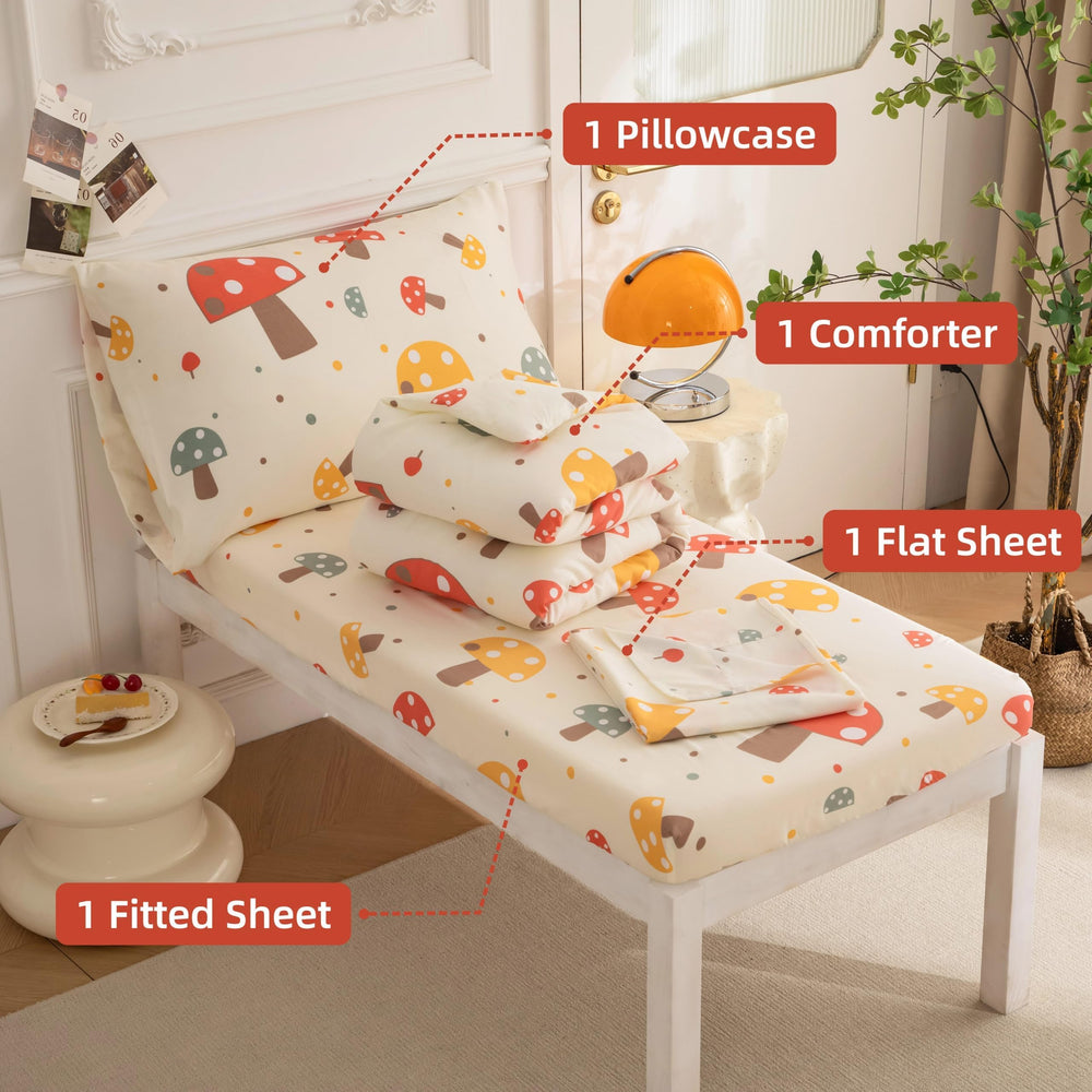 SDIII mushroom toddler bedding set on bed adds vibrant decor to kids room