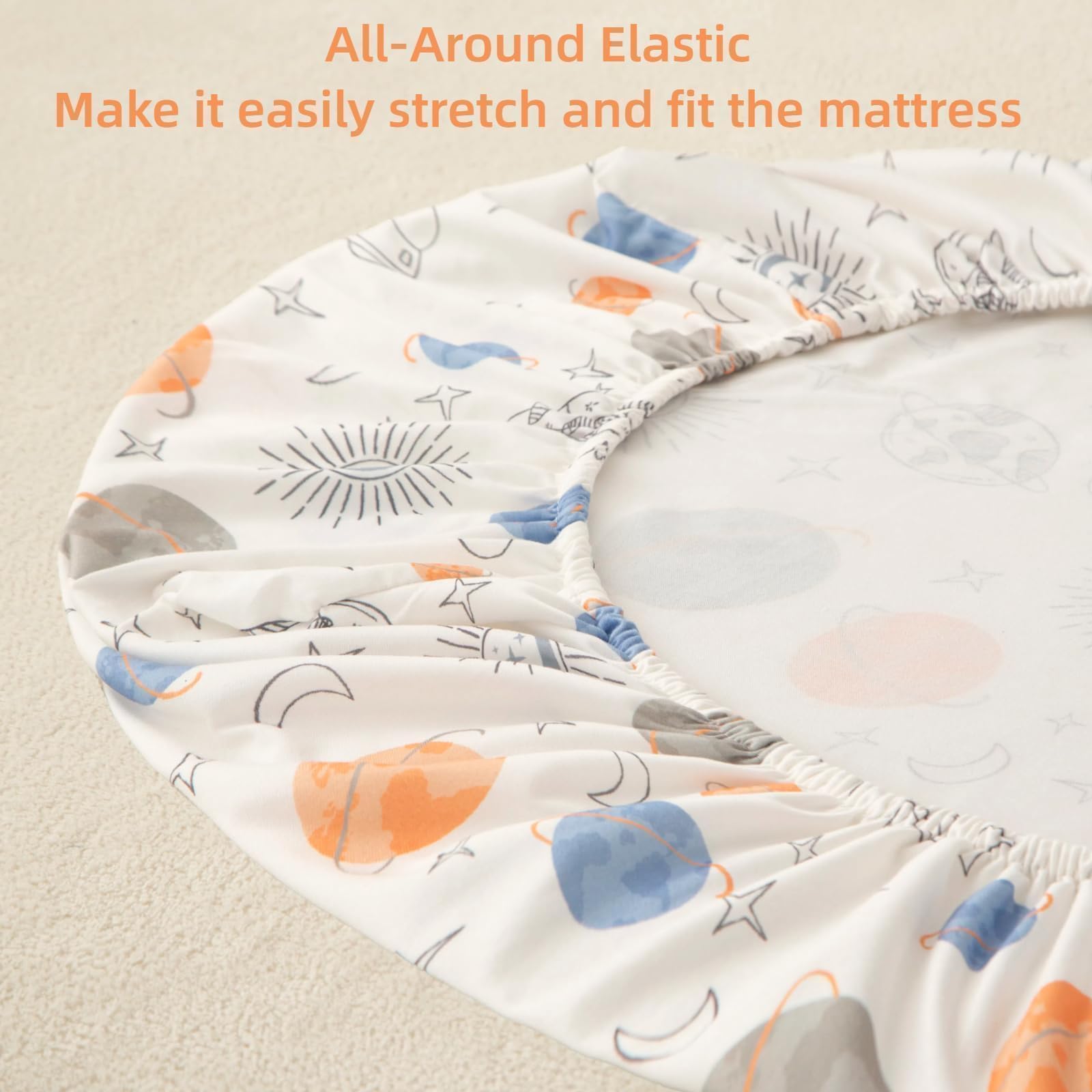 SDIII outer space bassinet sheets close-up fabric shows soft jersey knit.