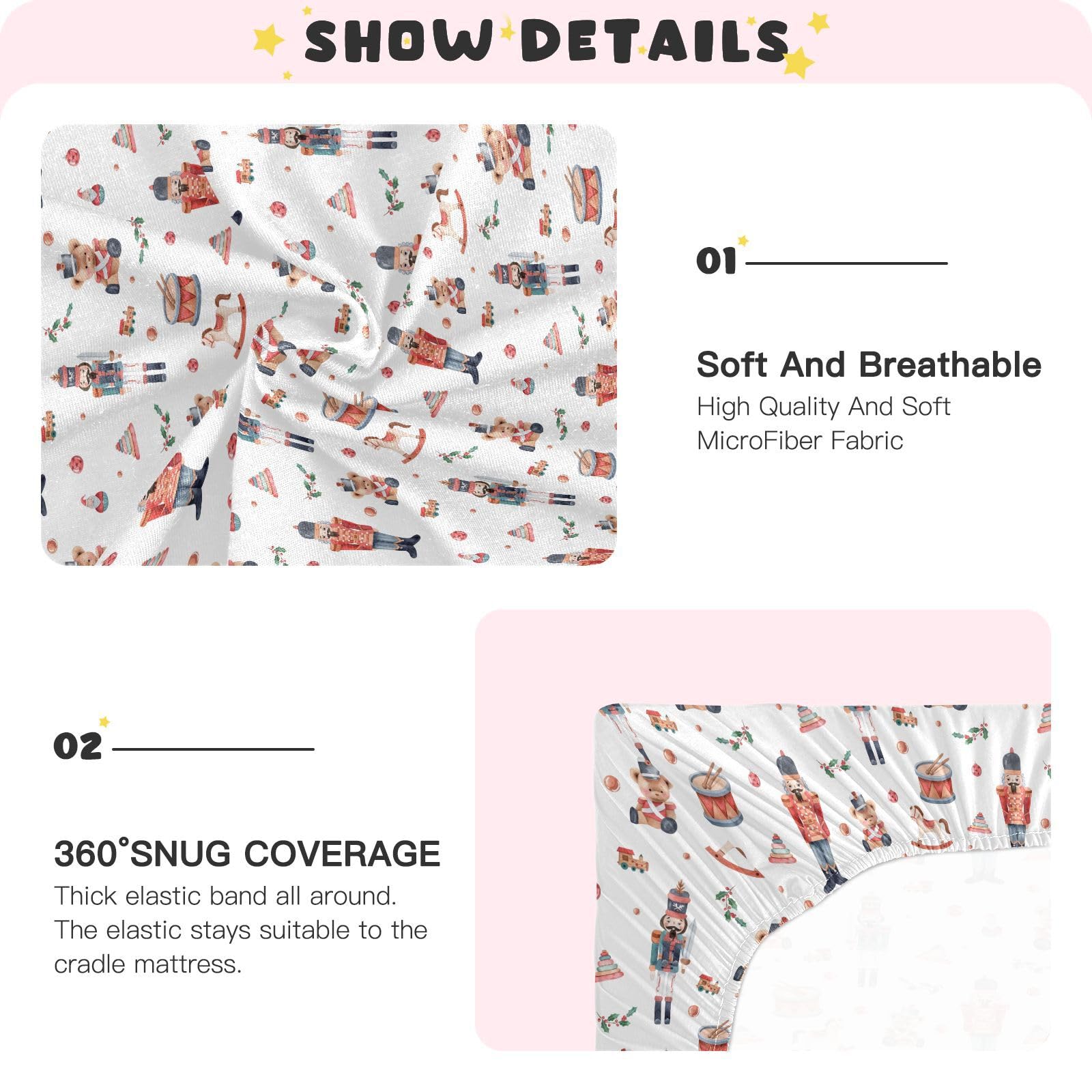 SDMKA Christmas Soldier crib sheet pattern highlighting cheerful nursery decor.