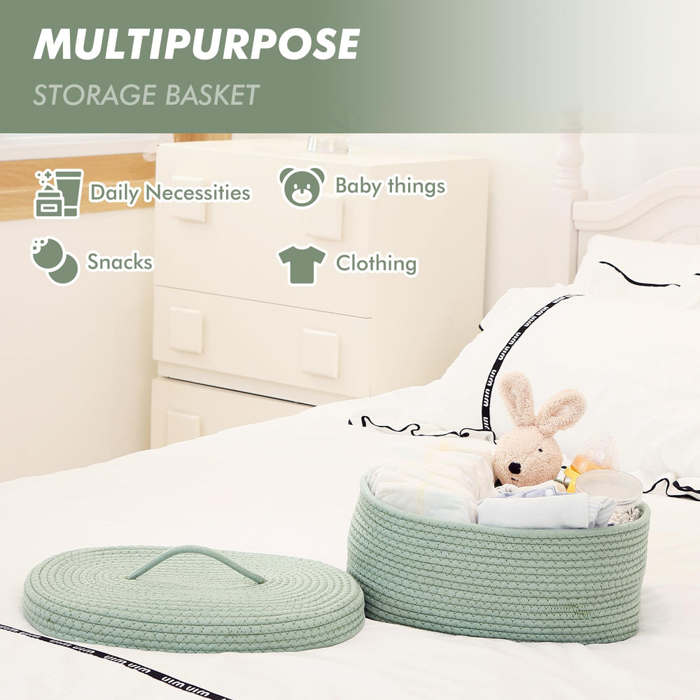 Sea Team green lidded storage basket close-up for nursery organization