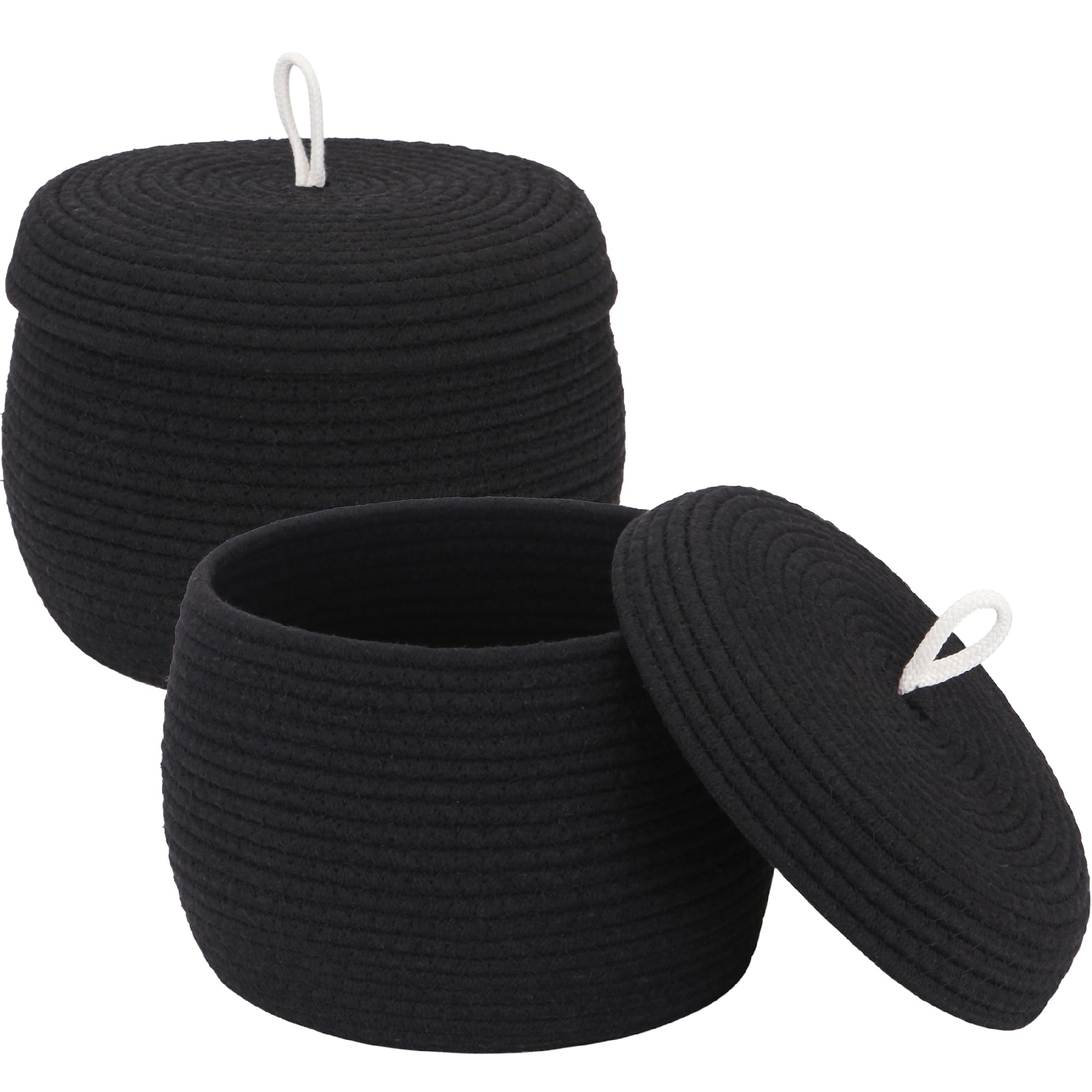 Sea Team round cotton rope storage basket with lid in black, 2-pack, for organized storage.