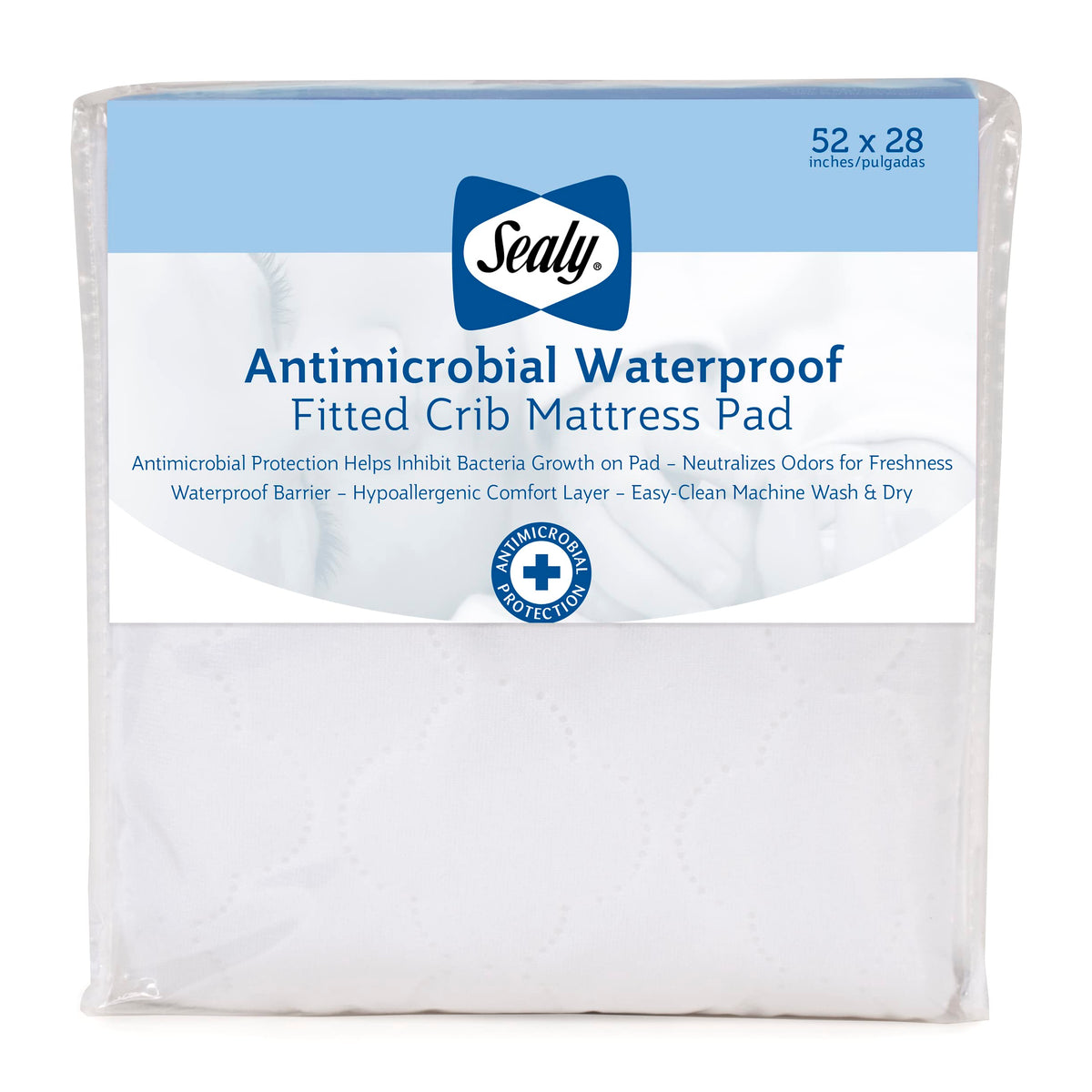 Sealy Baby antimicrobial pad top view showing breathable knit fabric and odor control.