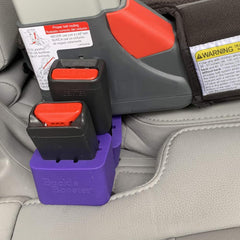 SEAT BELT EXTENDER PROS buckle booster installed position shows elevated receptacle for easy access.