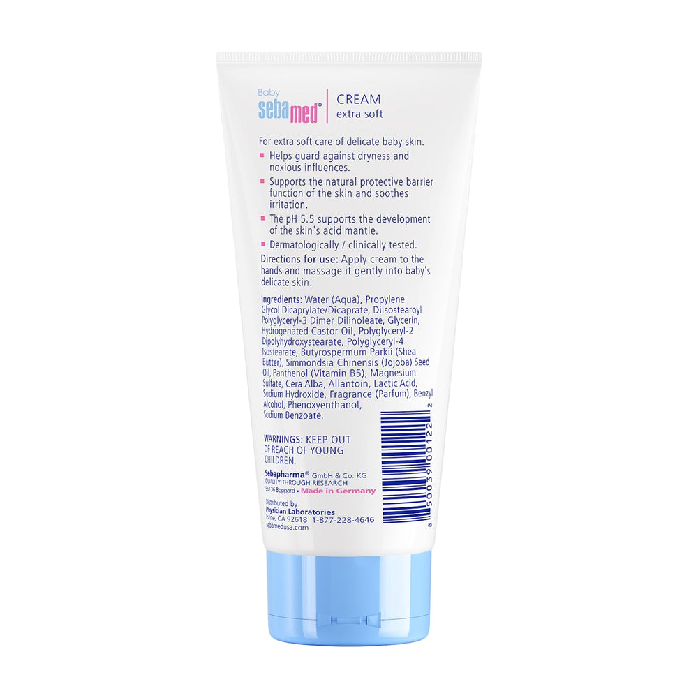 Sebamed Baby Cream Extra Soft jar close-up showing smooth texture for delicate skin