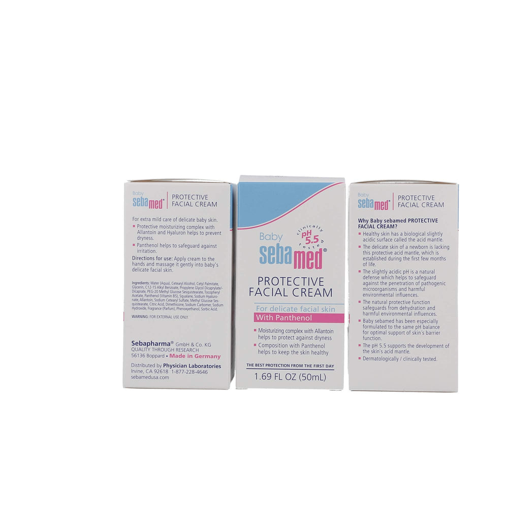 Applying SEBAMED Baby Facial Cream on a baby's cheeks for daily moisture.