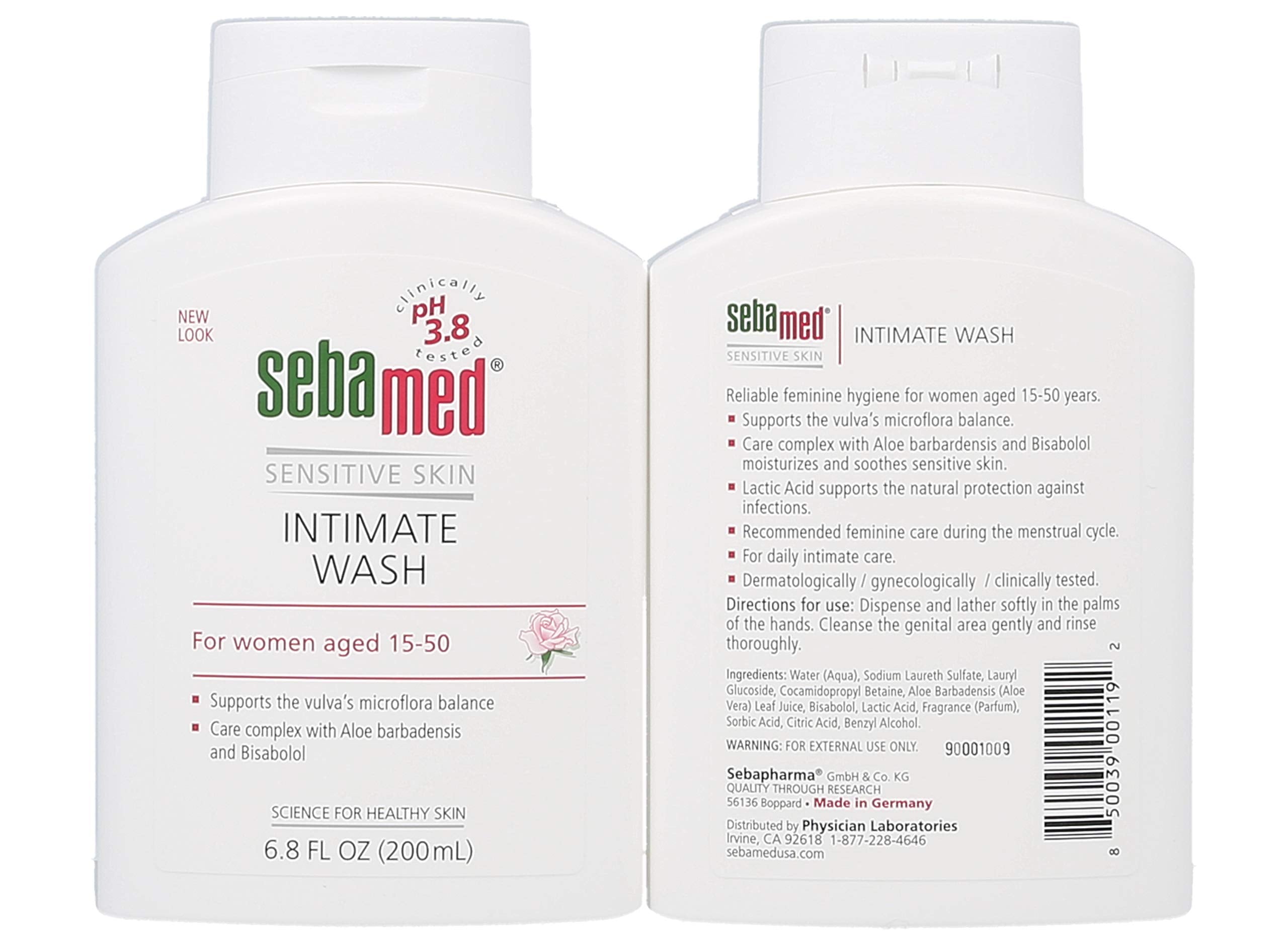 Close-up of SEBAMED Feminine Wash label showing pH 3.8 balance