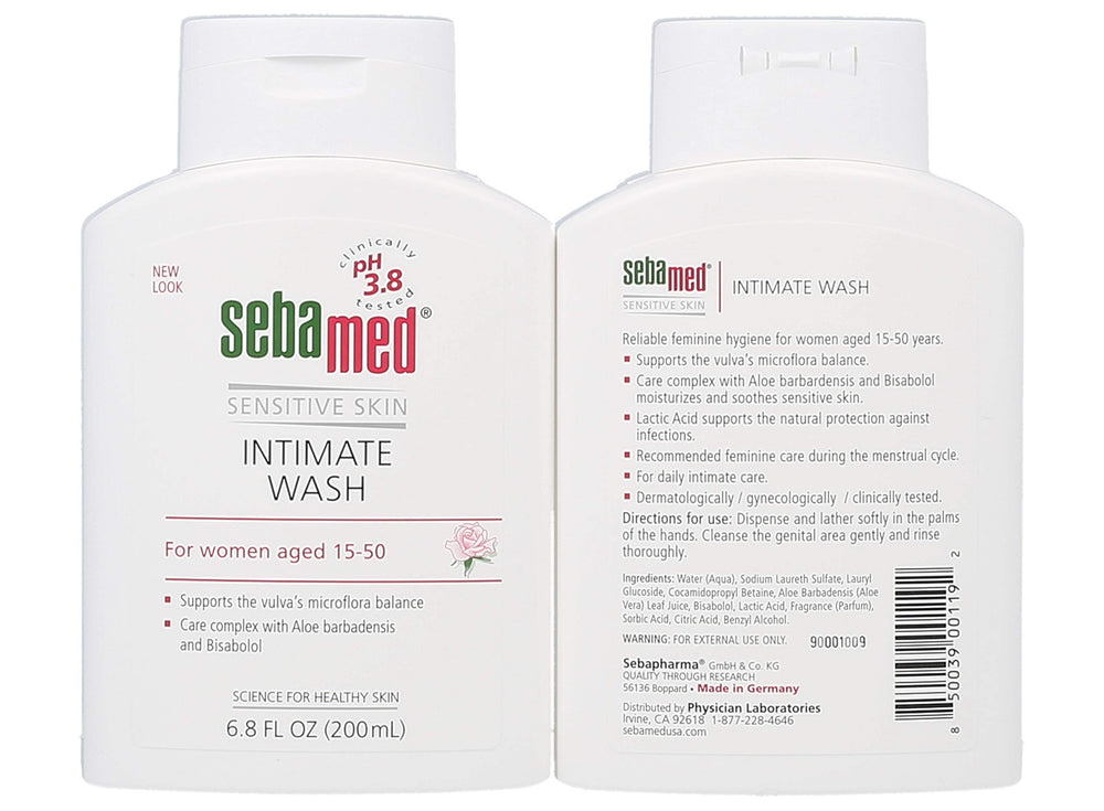 Close-up of SEBAMED Feminine Wash label showing pH 3.8 balance