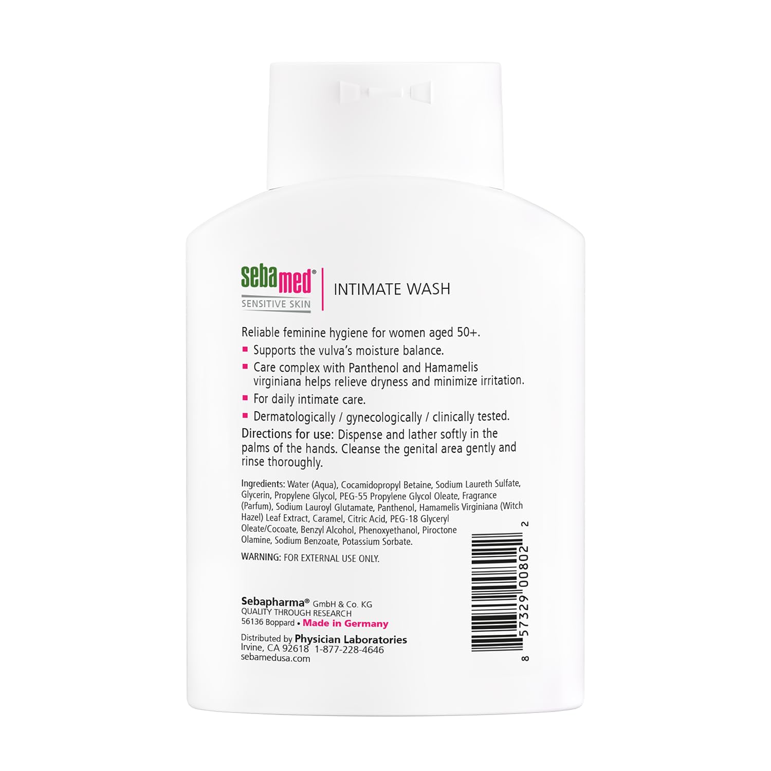 SEBAMED feminine wash label highlights a pH-balanced formula for vulvar comfort.
