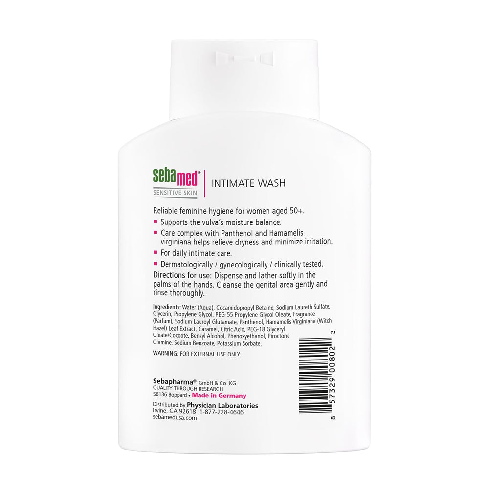 SEBAMED feminine wash label highlights a pH-balanced formula for vulvar comfort.