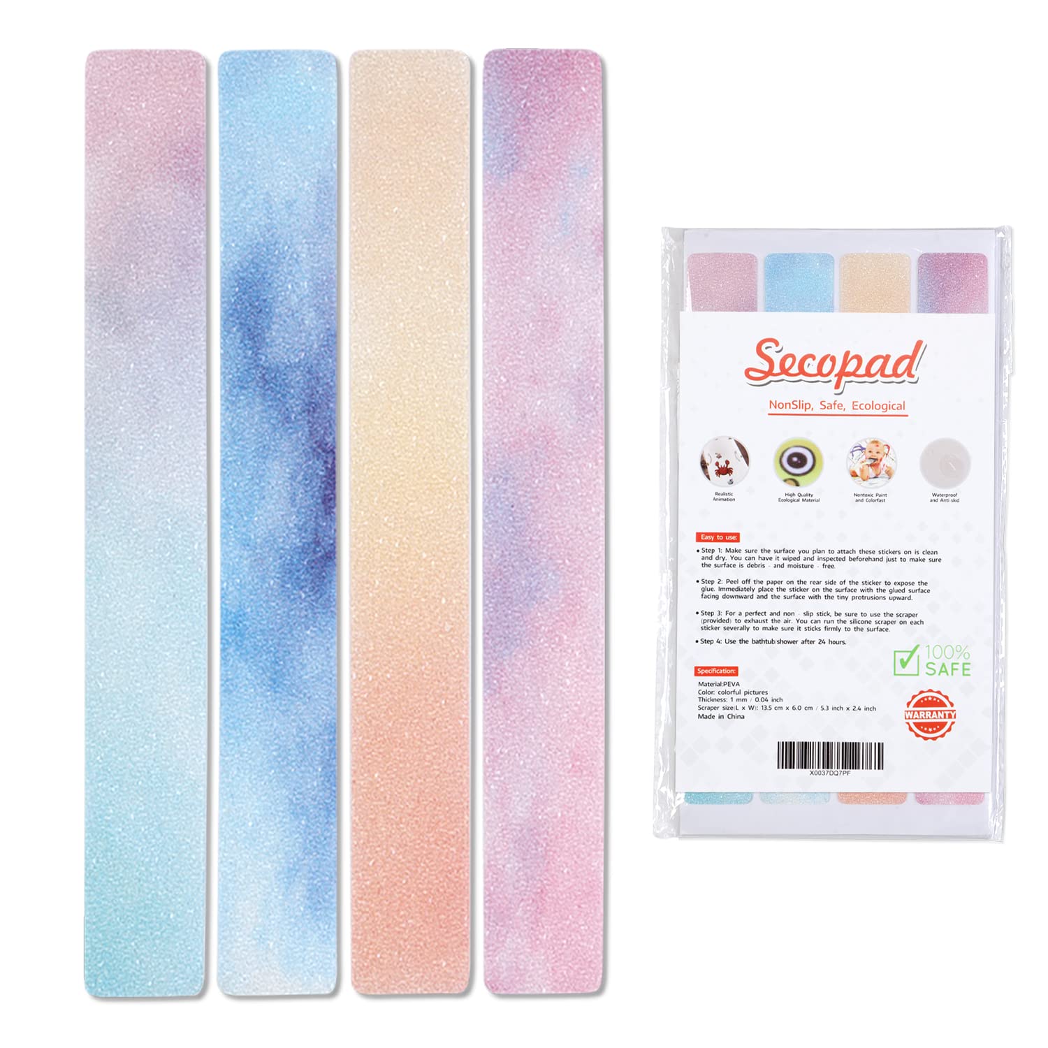 Secopad anti-slip strips on bathtub floor for safer baths.