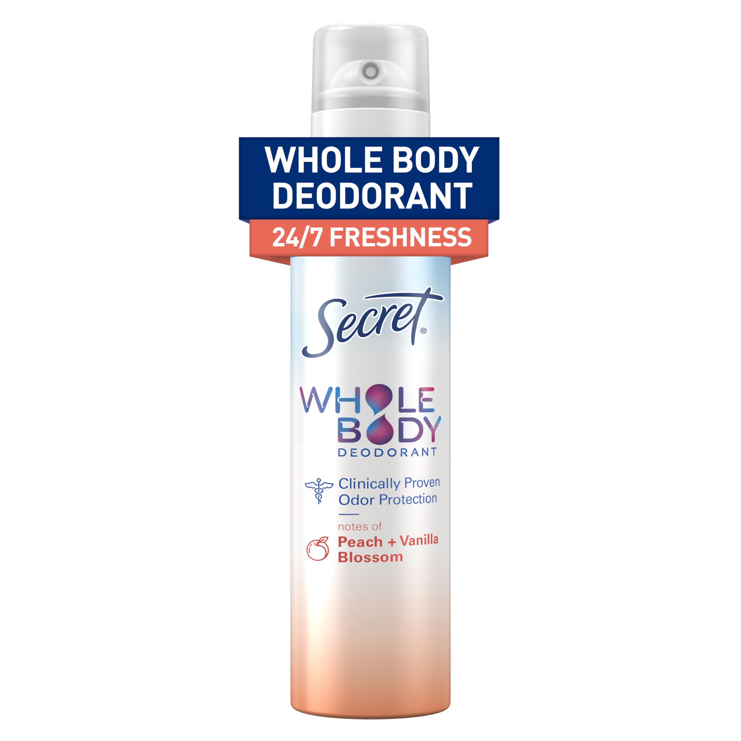 Secret aluminum-free whole body deodorant spray peach-vanilla bottle closeup for all-day freshness