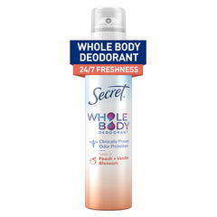 Secret aluminum-free whole body deodorant spray peach-vanilla bottle closeup for all-day freshness