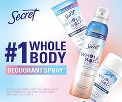 Secret peach-vanilla deodorant spray mist on skin for a light scent boost