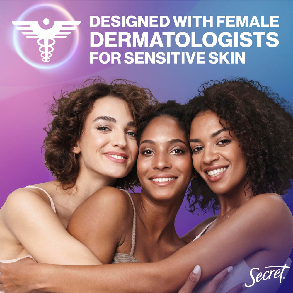 Secret aluminum-free deodorant spray lines on bottle highlight clean formula