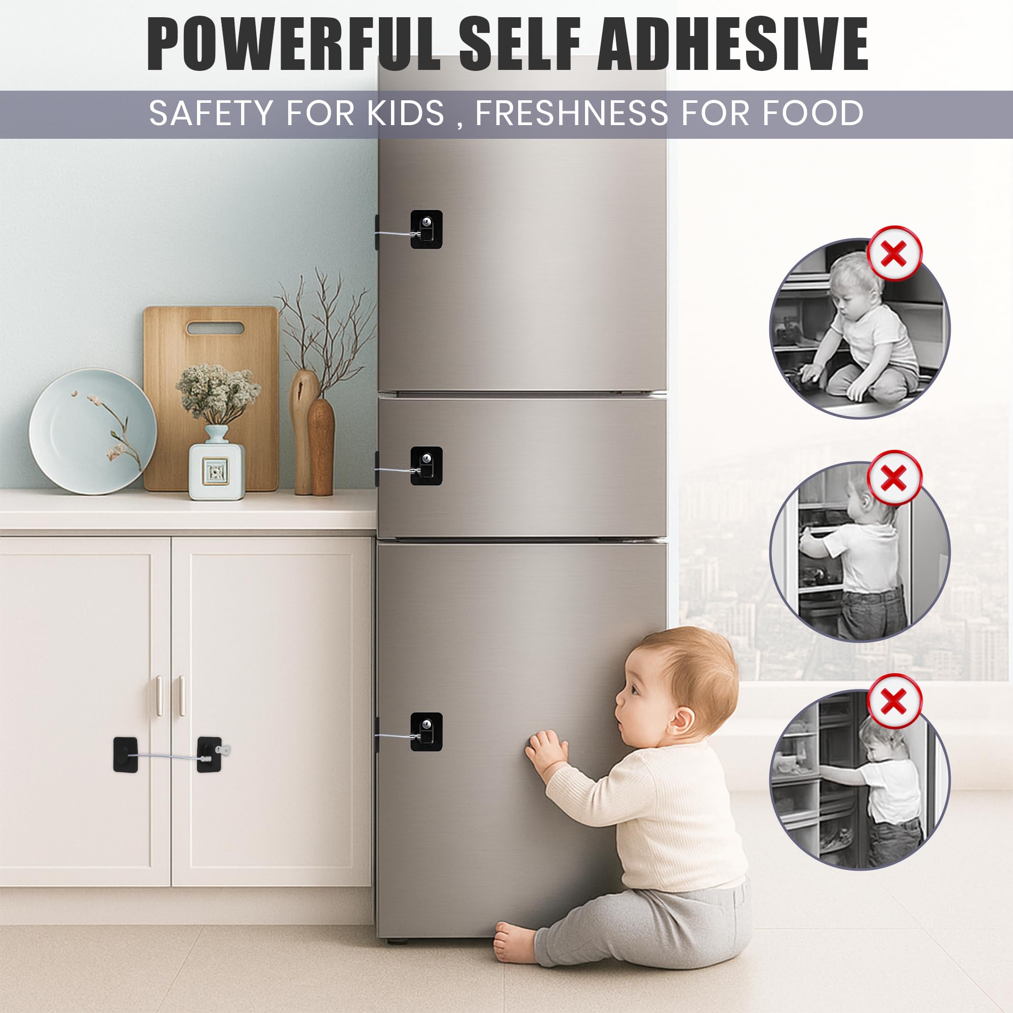 SECUIX fridge lock on a cabinet demonstrates versatile childproofing