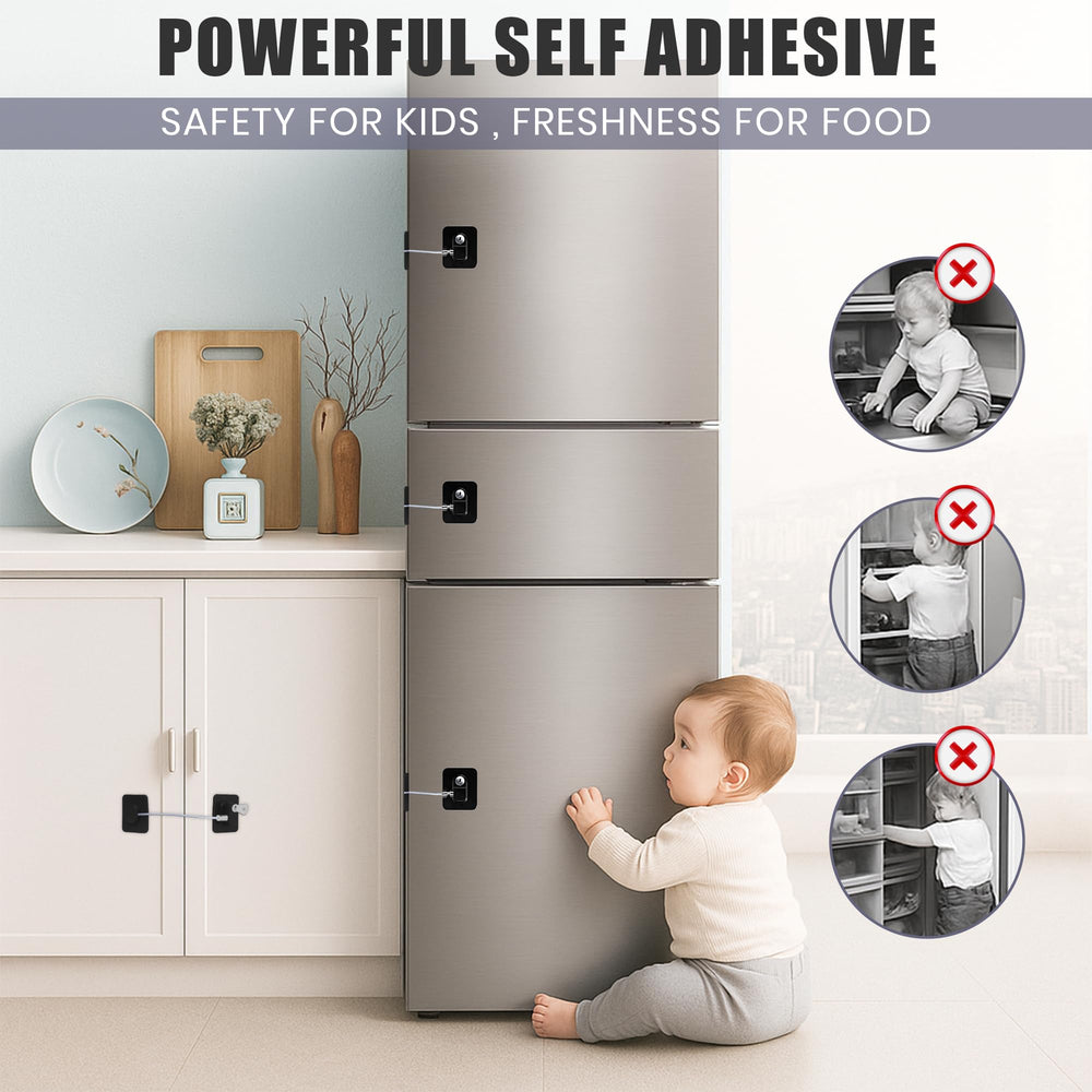 SECUIX fridge lock on a cabinet demonstrates versatile childproofing