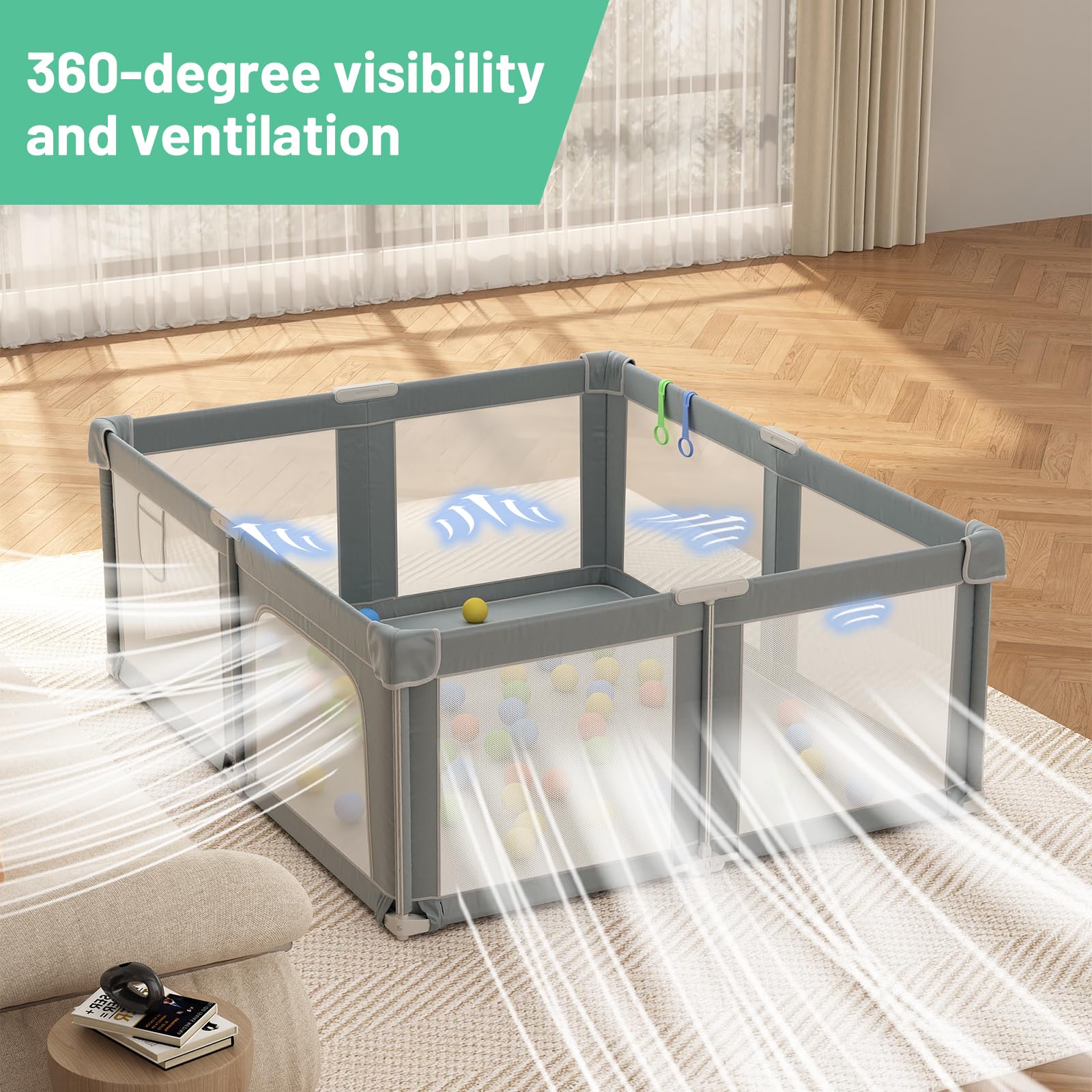 Seeday Baby Playpen 360-mesh view for continuous visibility from every angle