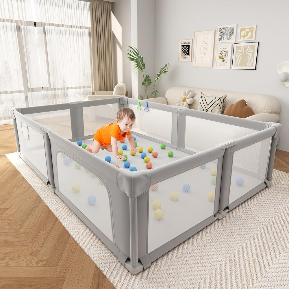Seeday Baby Playpen demonstrates a spacious 73x61 inch area for safe, supervised play.